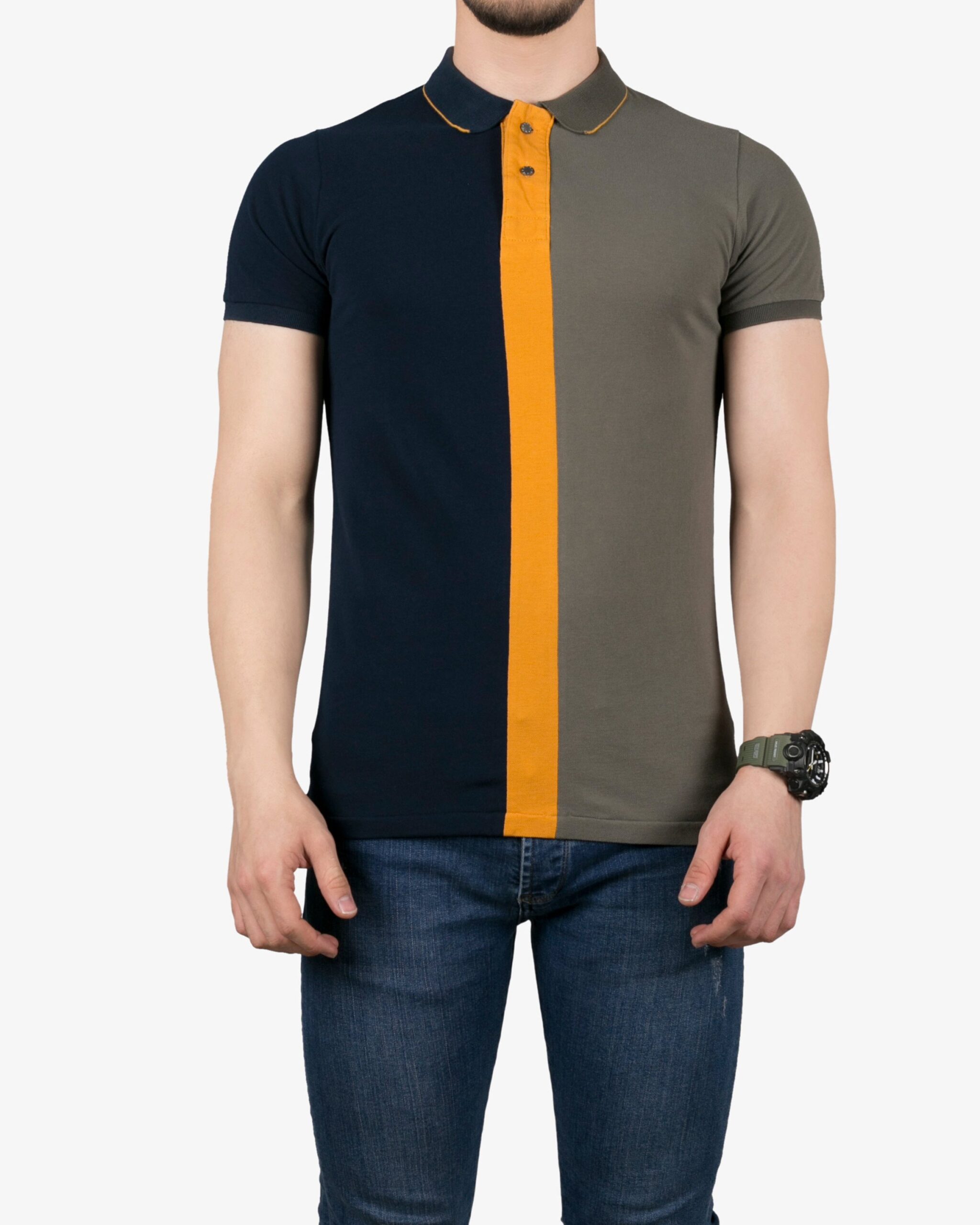 پولوشرت سه رنگ مردانه - ماشی - روبه‌رو - خرید اینترنتی لباس - فروشگاه اینترنتی لباس سارابارا