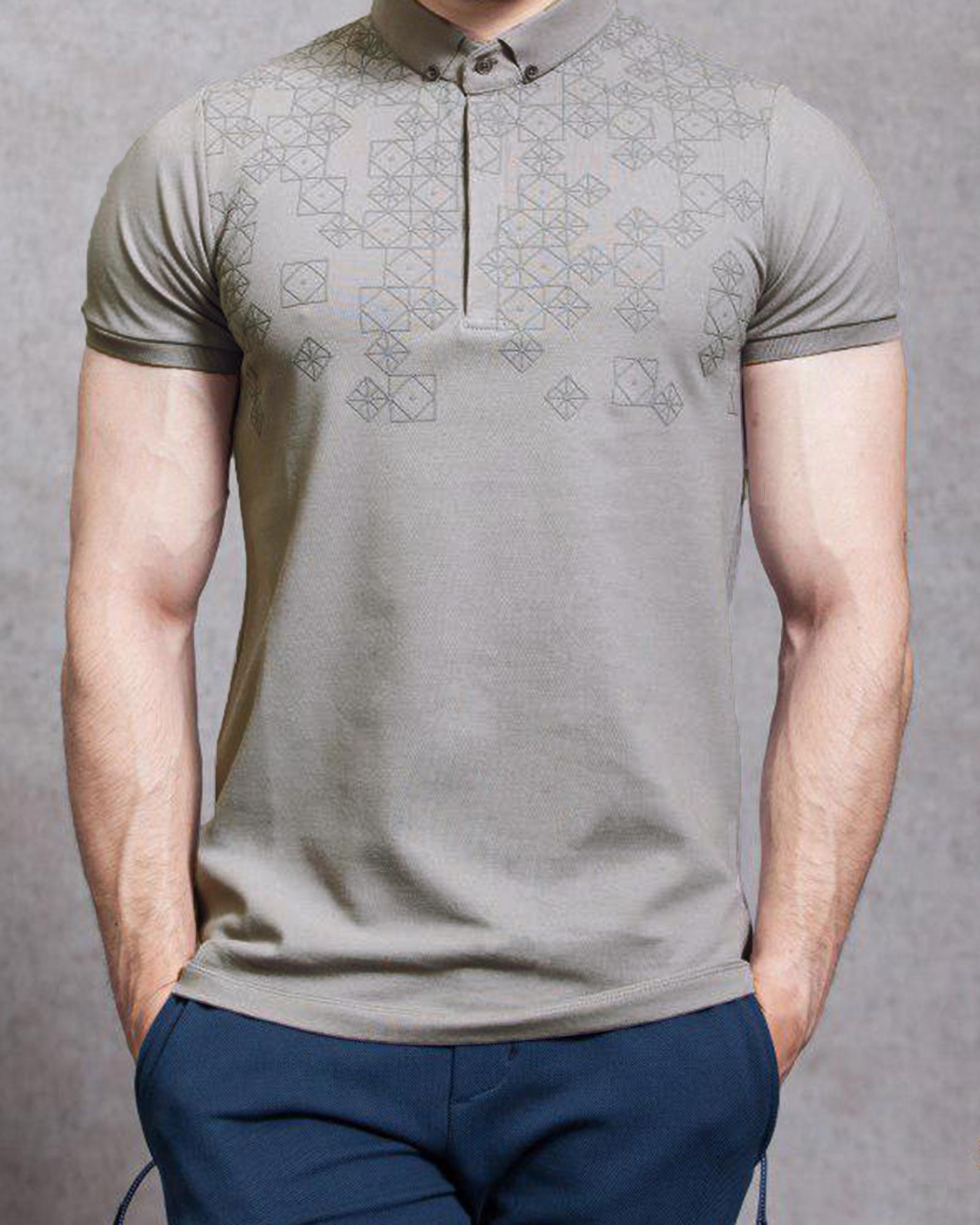 تیشرت یقه‌دار طرح لوزی ریز ملانژ- محیطی