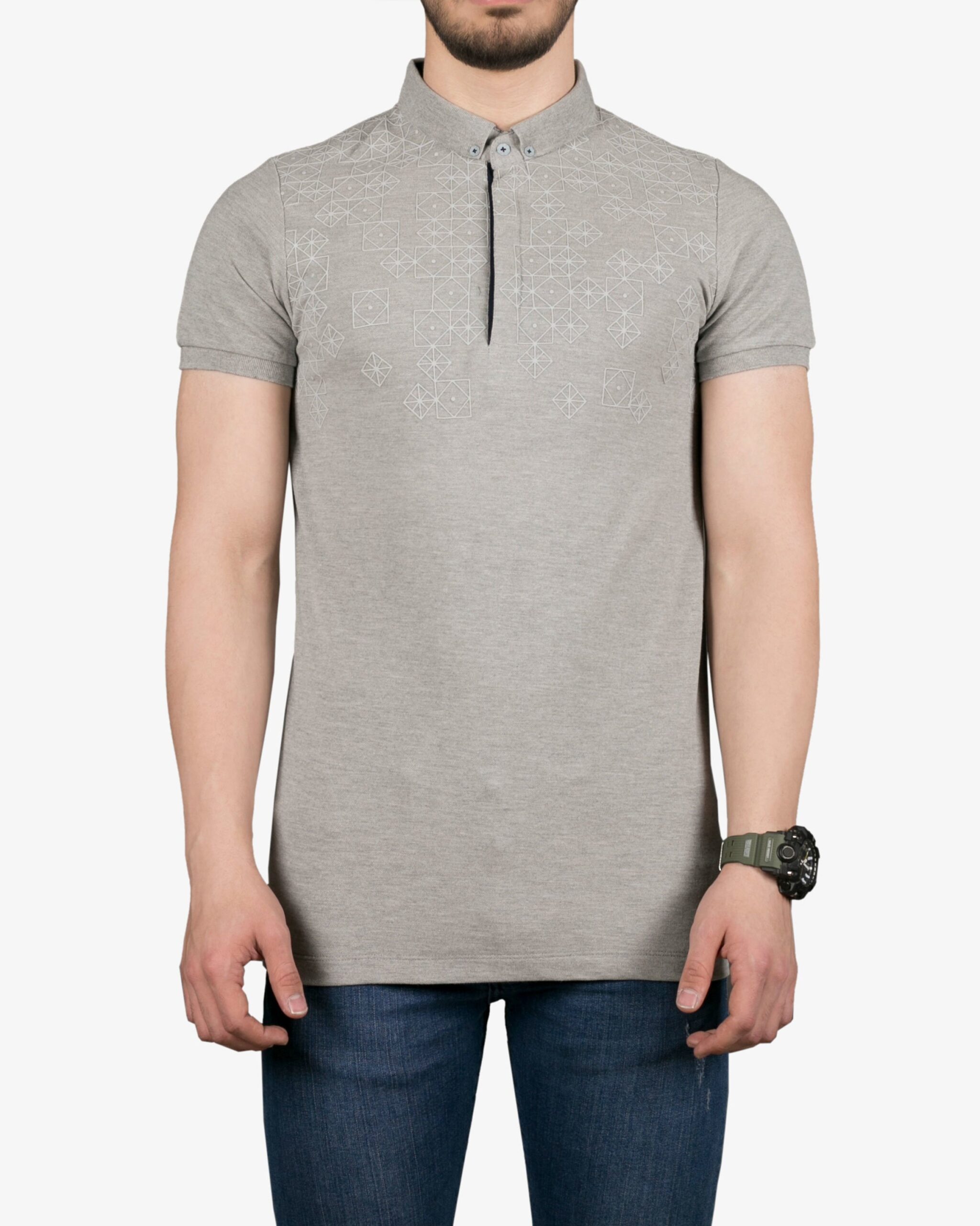 تیشرت یقه‌دار طرح لوزی ریز ملانژ کانی راش - روبه‌رو