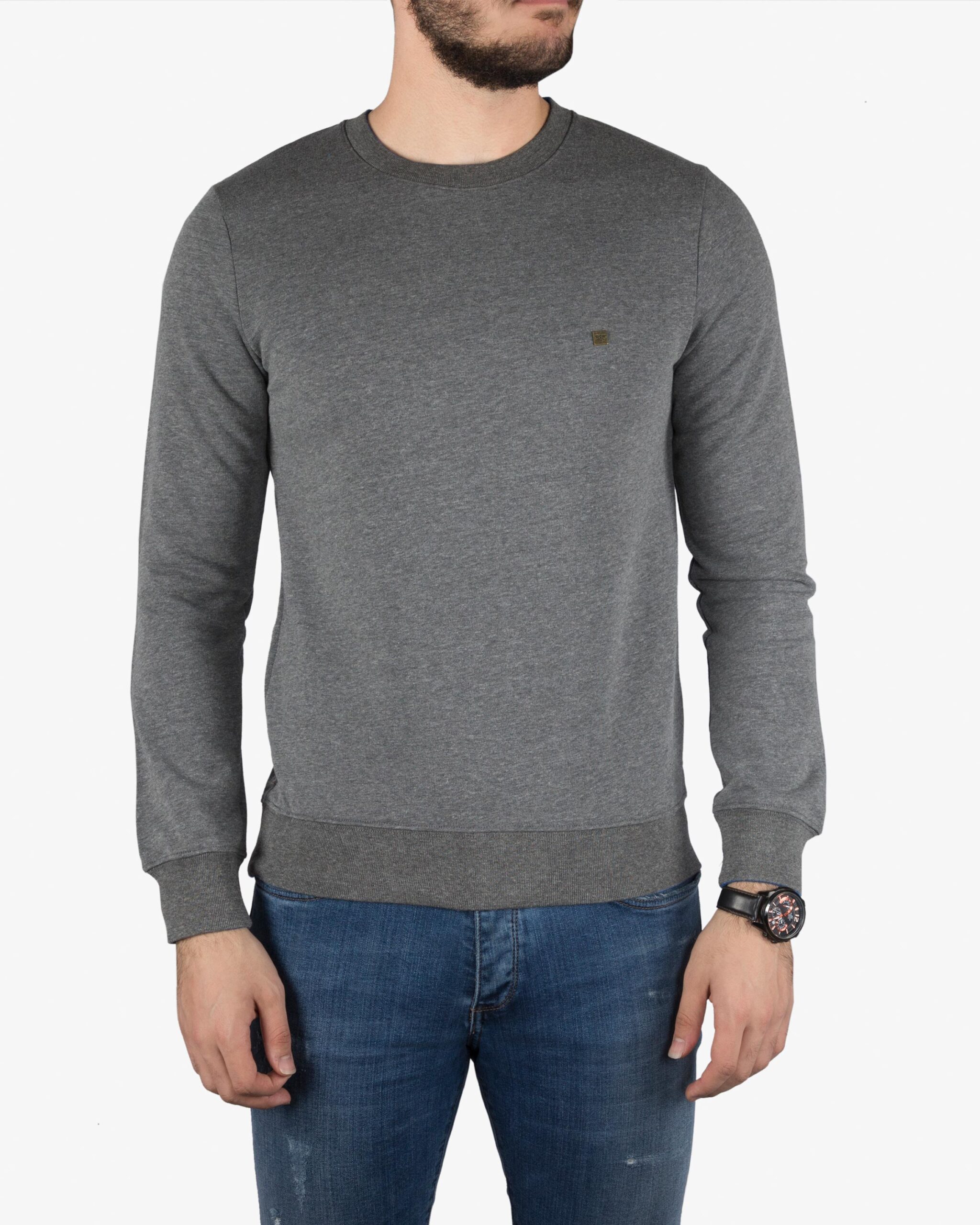 پلیور مردانه نخی ساده - ملانژ تیره - روبه‌رو