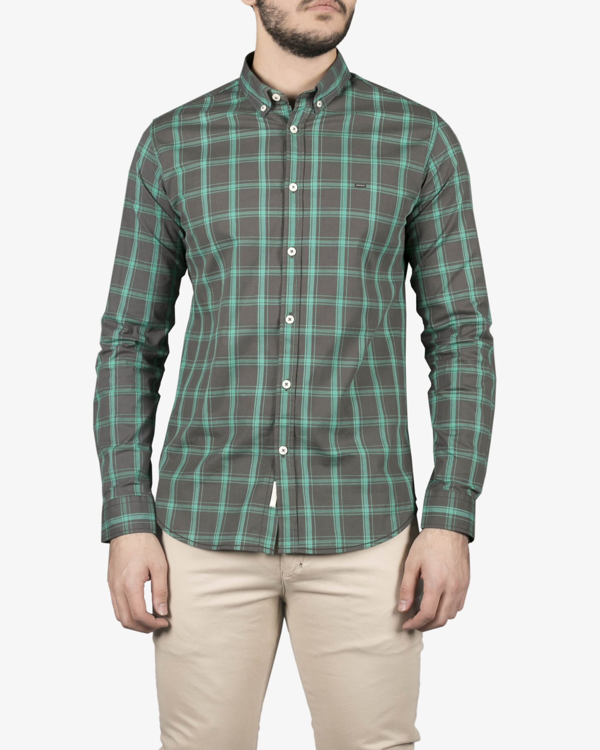 پیراهن آستین بلند زیتونی چهارخونه‌ی اسکات - روبه‌رو