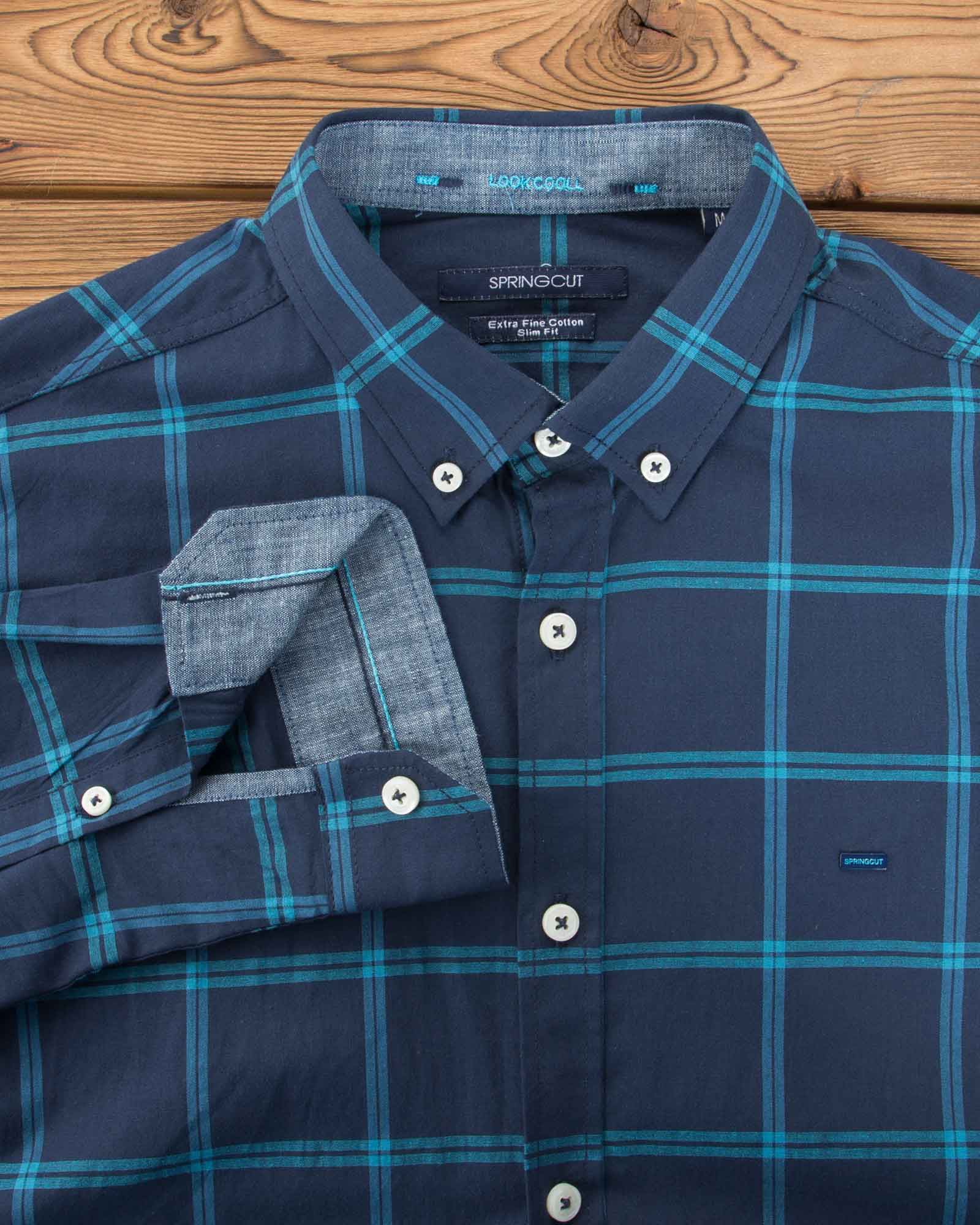 پیراهن آستین بلند مردانه چهارخونه - سرمه ای - یقه