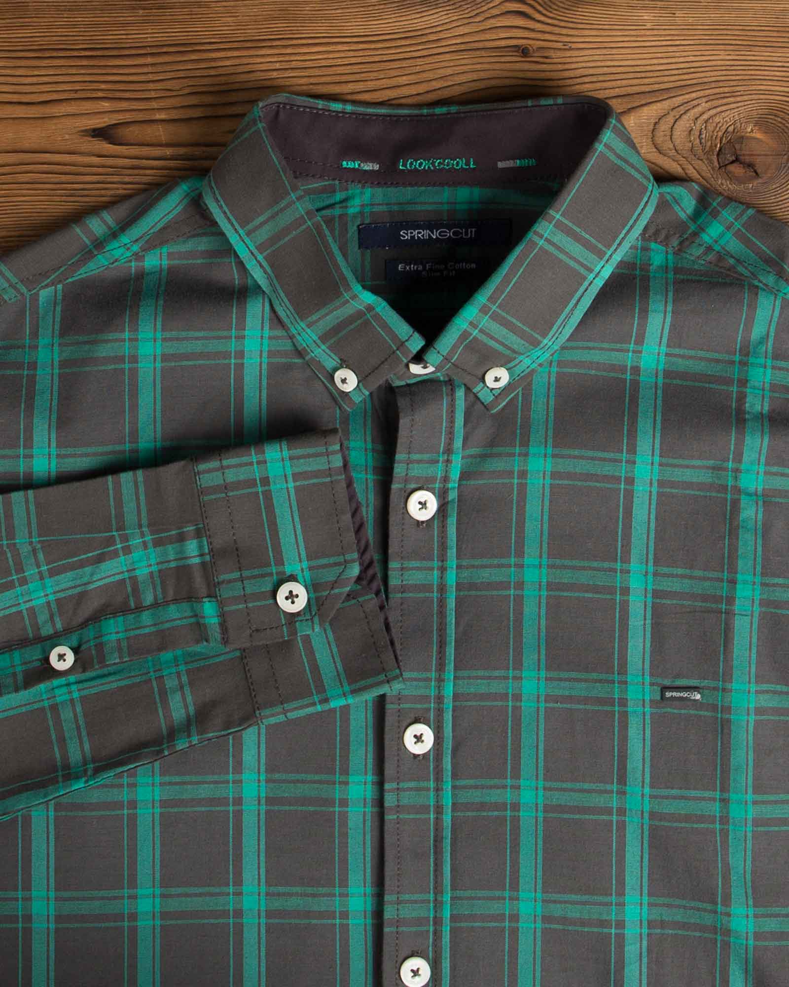 پیراهن آستین بلند چهارخونه مردانه - زیتونی - یقه آستین