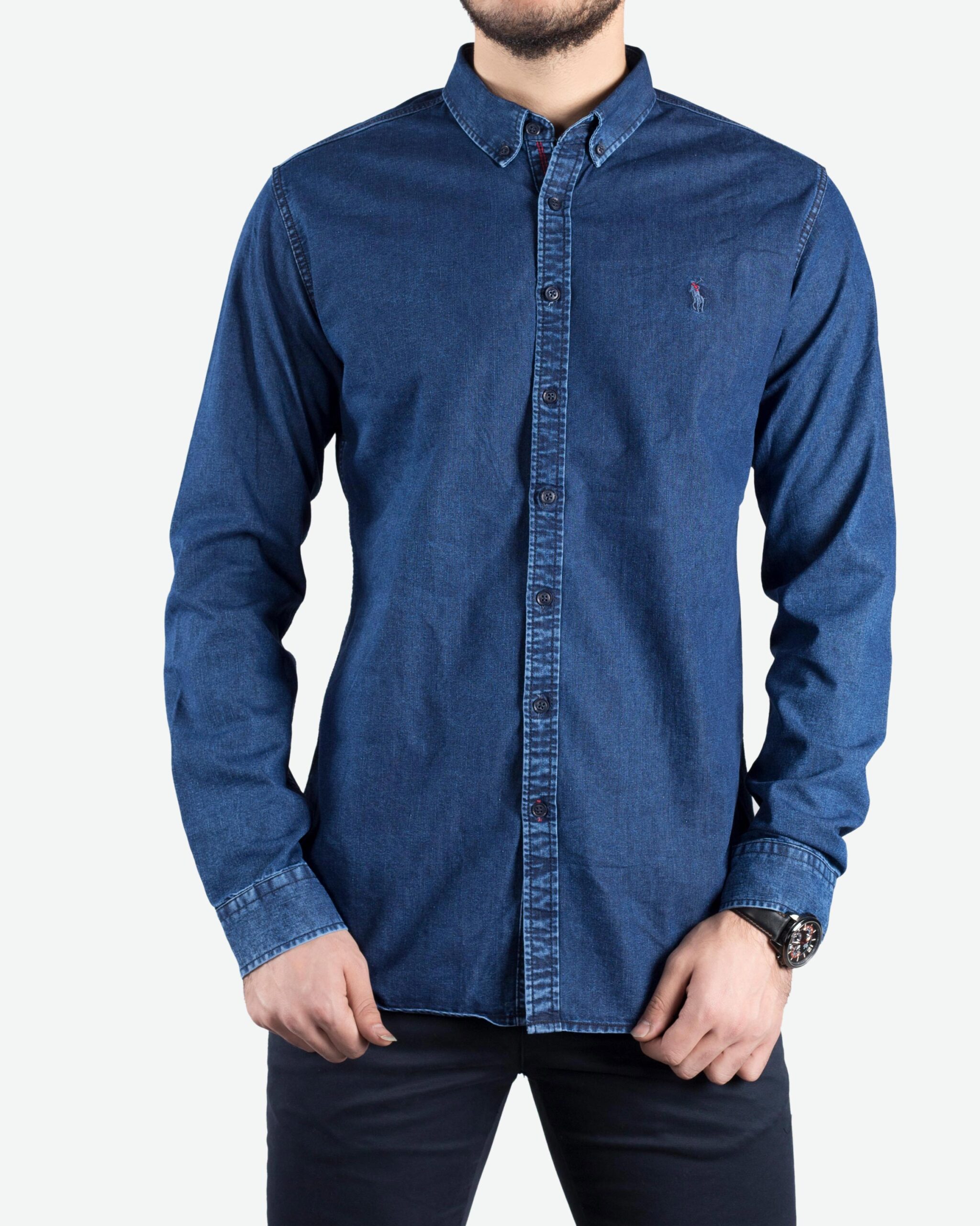 پیراهن جین آبی تیره مردانه آستین بلند - آبی تیره - رو به رو