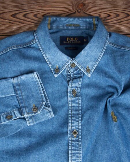 پیراهن جین آستین بلند مردانه - آبی - یقه مردانه