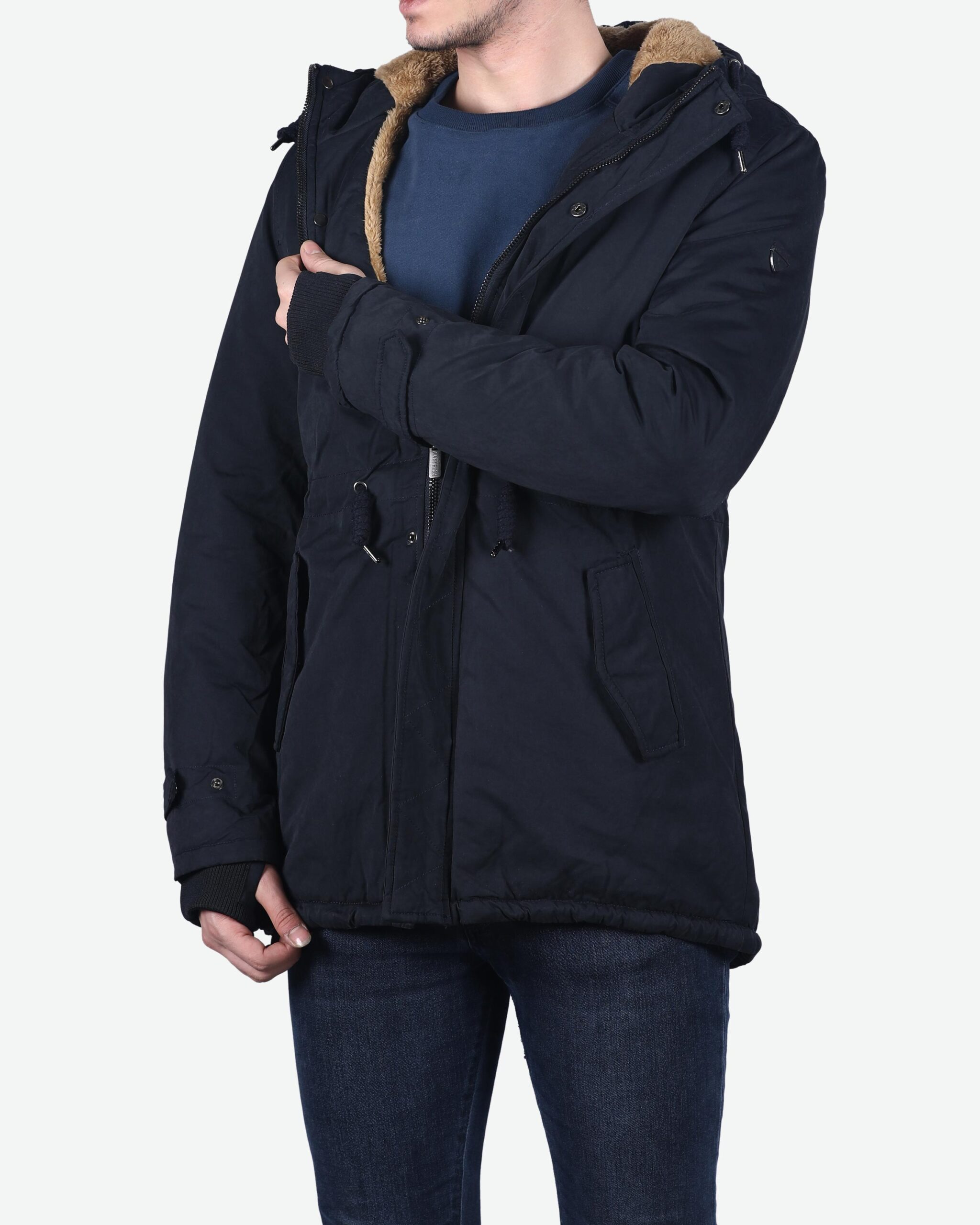 کاپشن بلند کتانی کانی‌ راش - سرمه‌ای - روبه‌رو