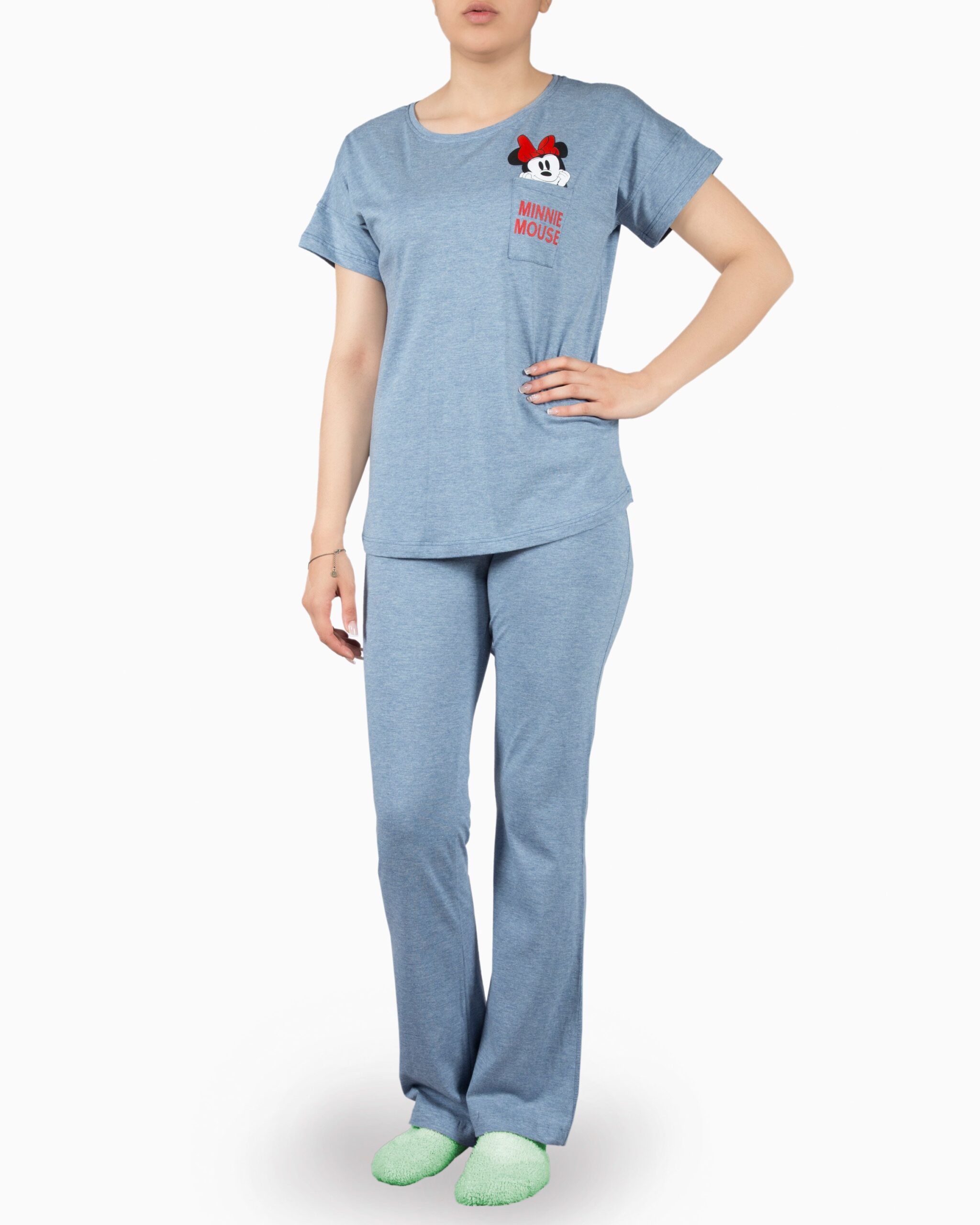 ست تیشرت و شلوار نخی زنانه طرح میکی موس -آبی روشن - روبه‌رو
