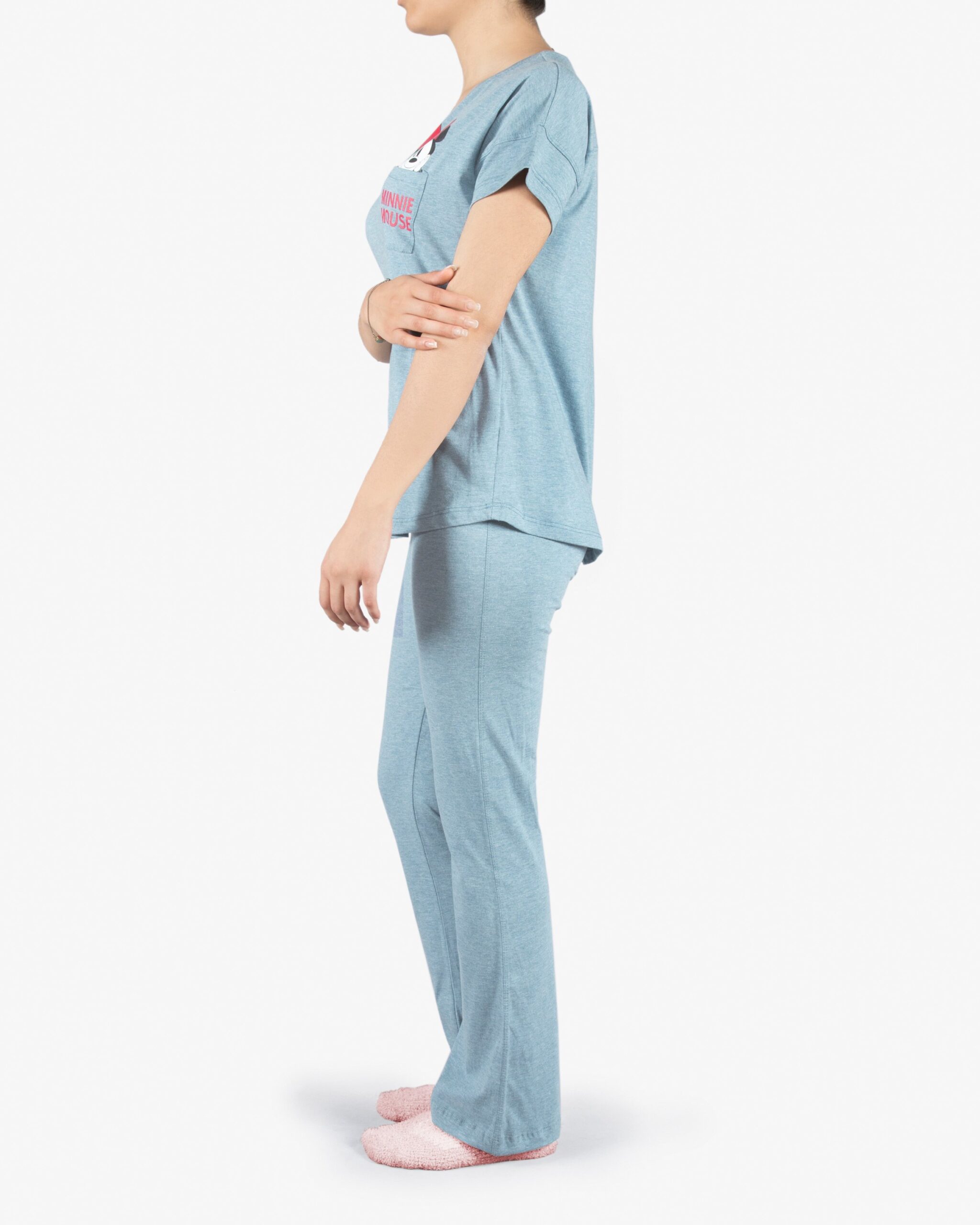 ست تیشرت و شلوار نخی زنانه طرح میکی موس - آبی آسمانی - بغل