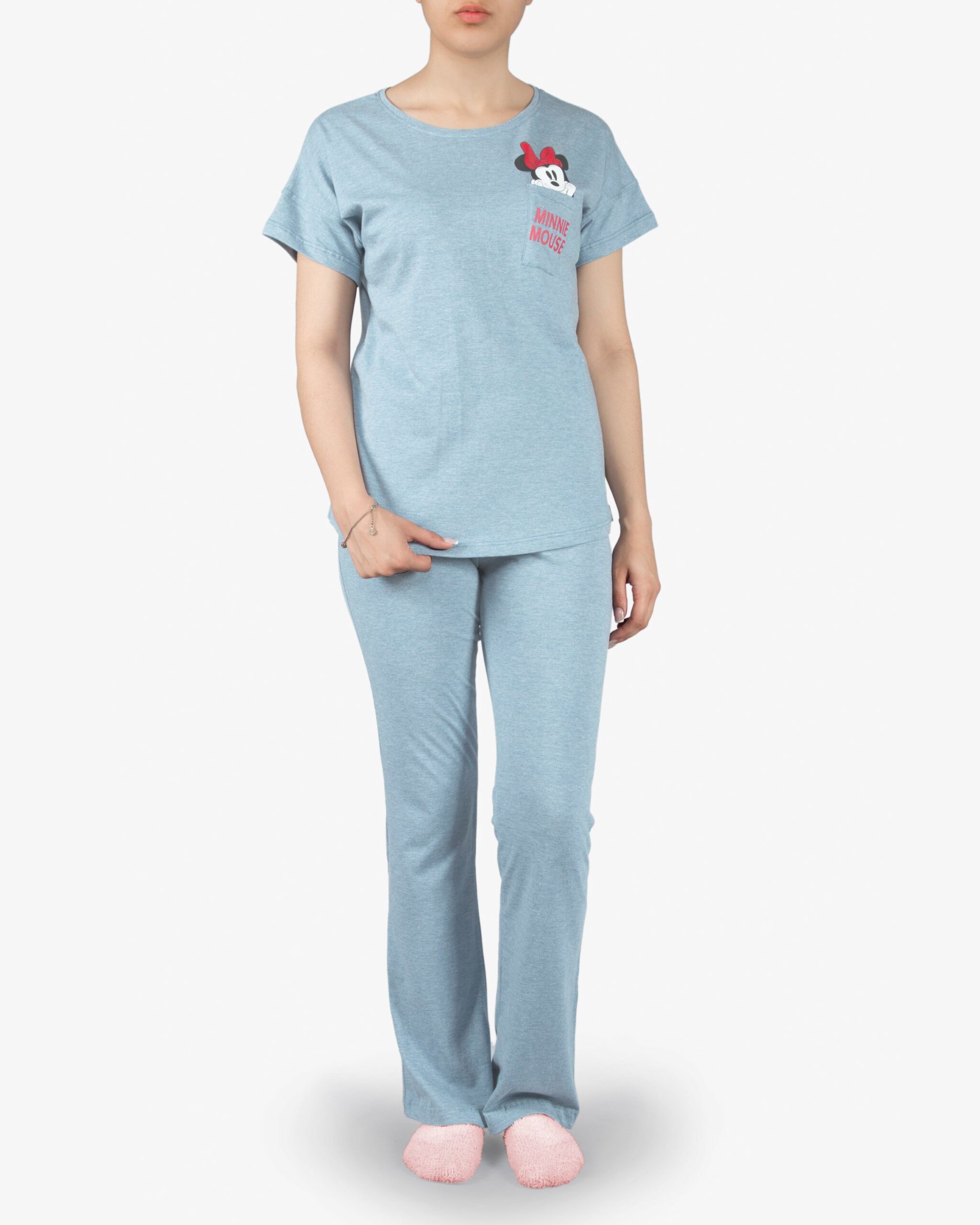 ست تیشرت و شلوار نخی زنانه طرح میکی موس - آبی آسمانی - روبه‌رو