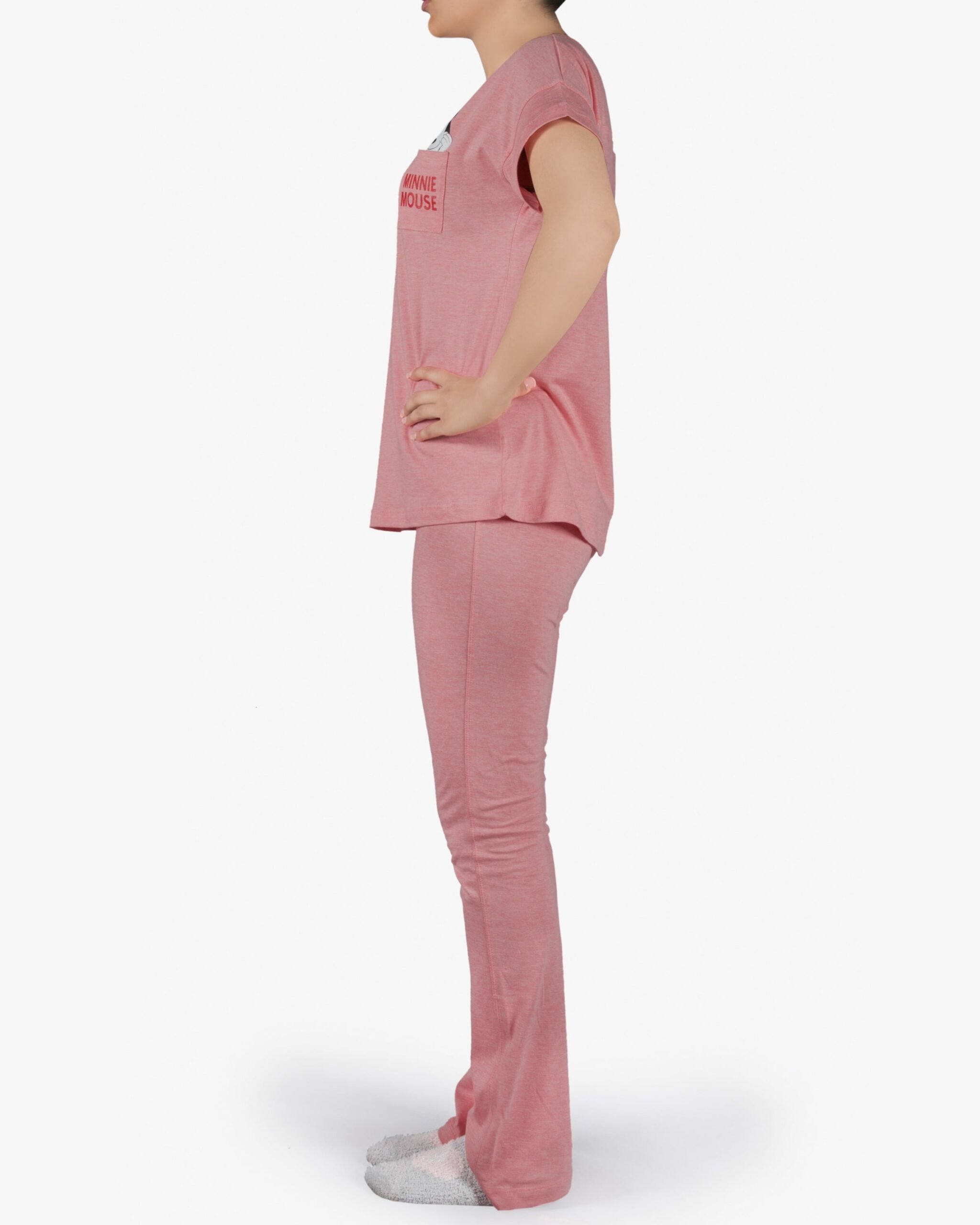 ست تیشرت و شلوار نخی زنانه طرح میکی موس - کالباسی تیره - بغل