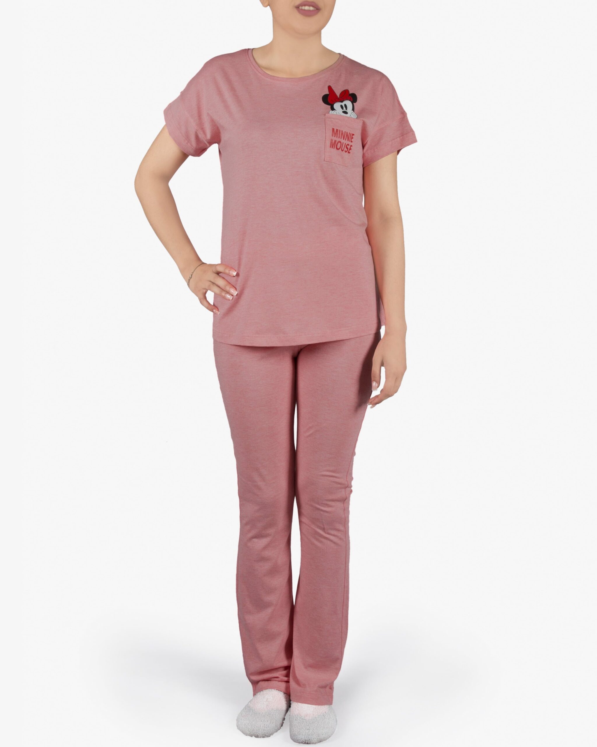 ست تیشرت و شلوار نخی زنانه طرح میکی موس - کالباسی تیره - روبه‌رو