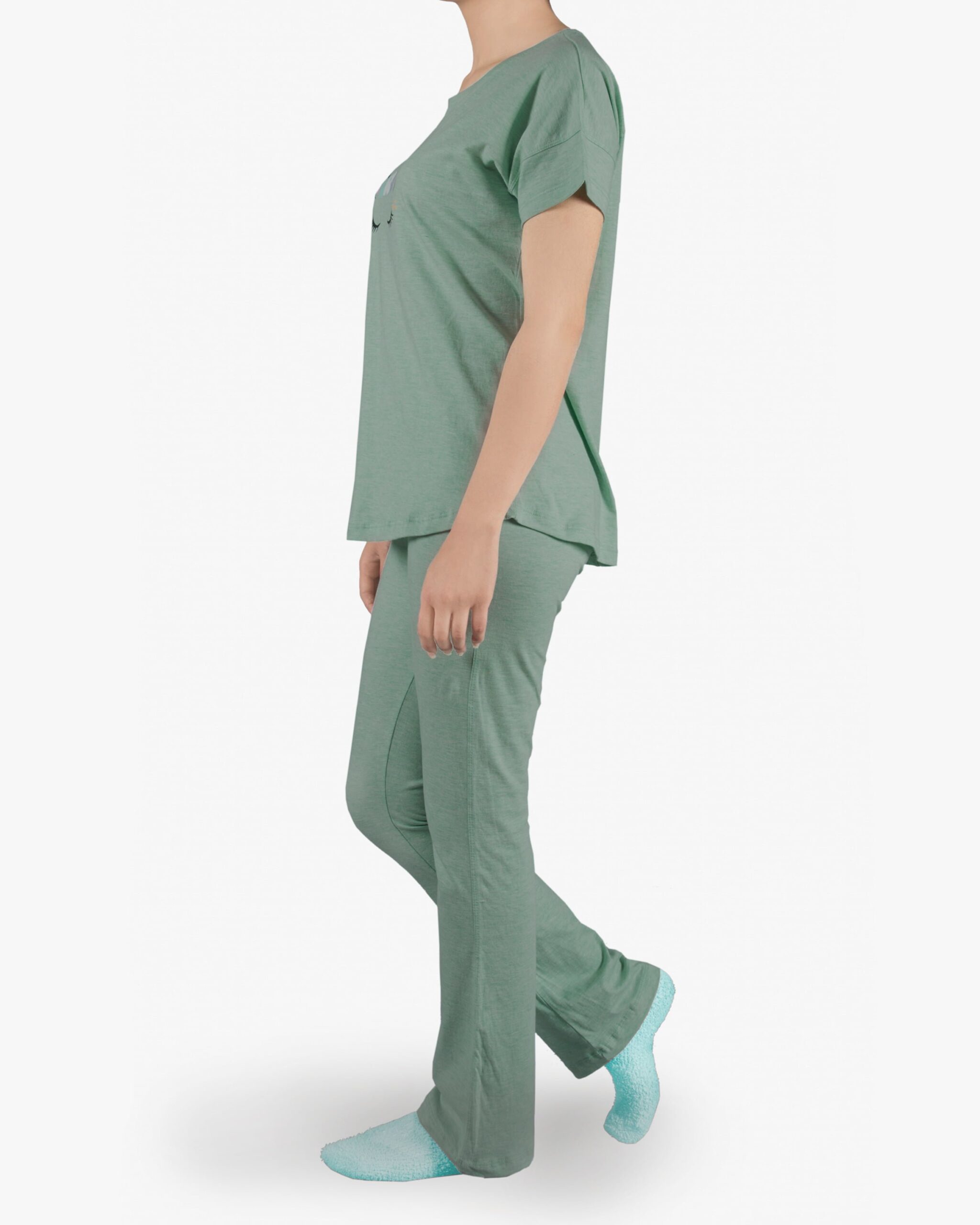 ست تیشرت و شلوار نخی زنانه طرح میکی موس -سبز دریایی- بغل