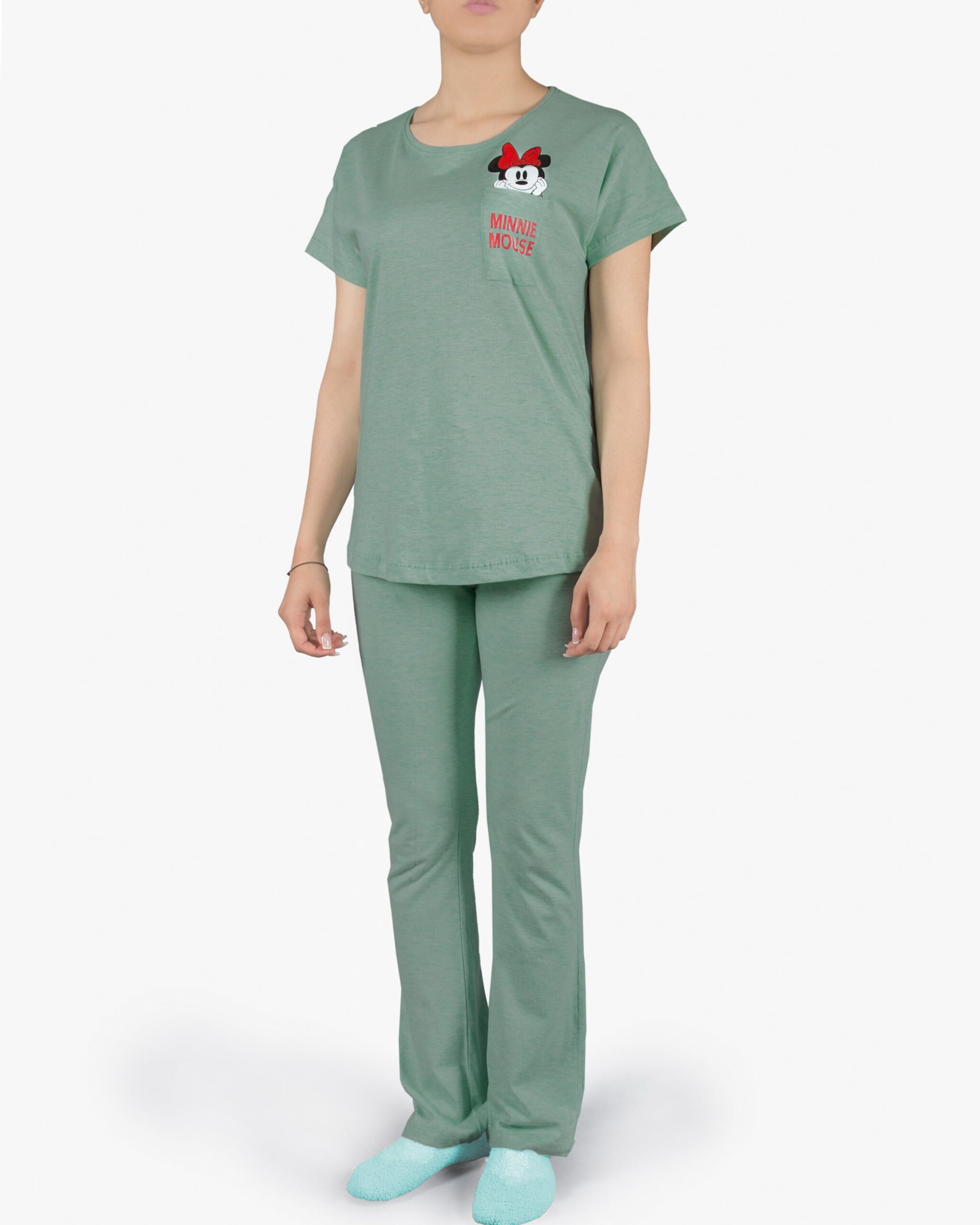 ست تیشرت و شلوار نخی زنانه طرح میکی موس - سبز دریایی - روبه‌رو