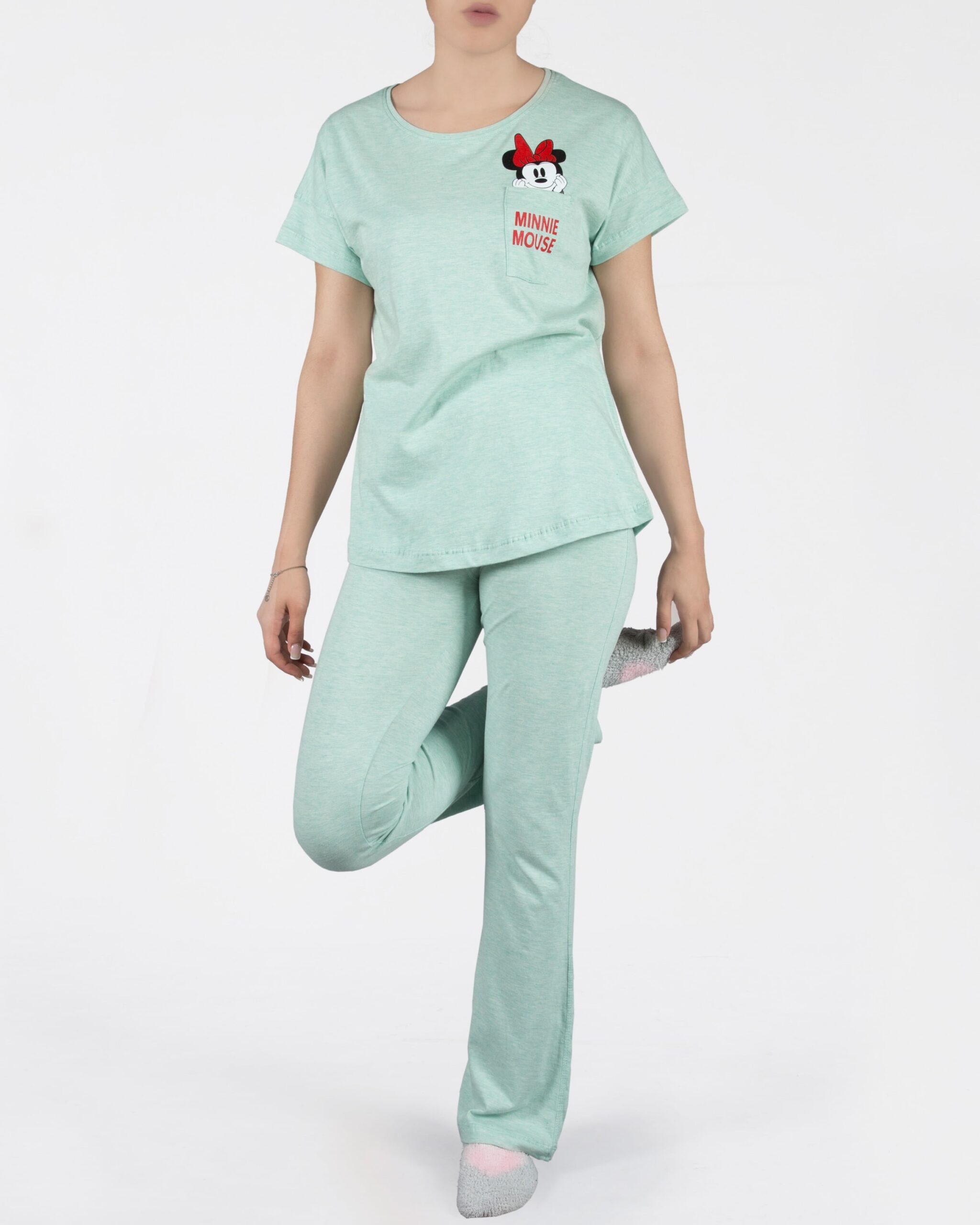 ست تیشرت و شلوار نخی زنانه طرح میکی موس - سبز زمردی - روبه‌رو