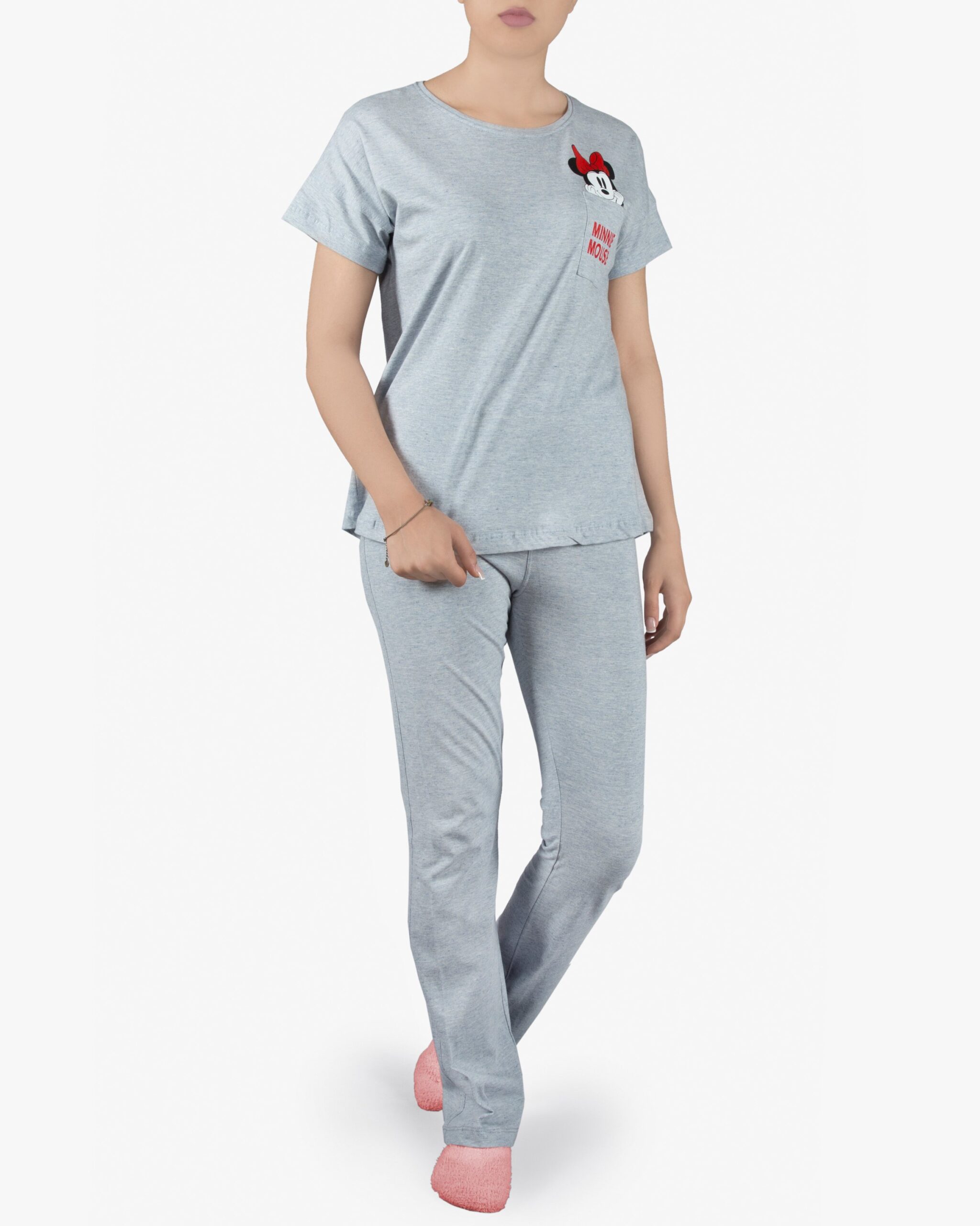 ست تیشرت و شلوار نخی زنانه طرح میکی موس - ملانژآبی - روبه‌رو