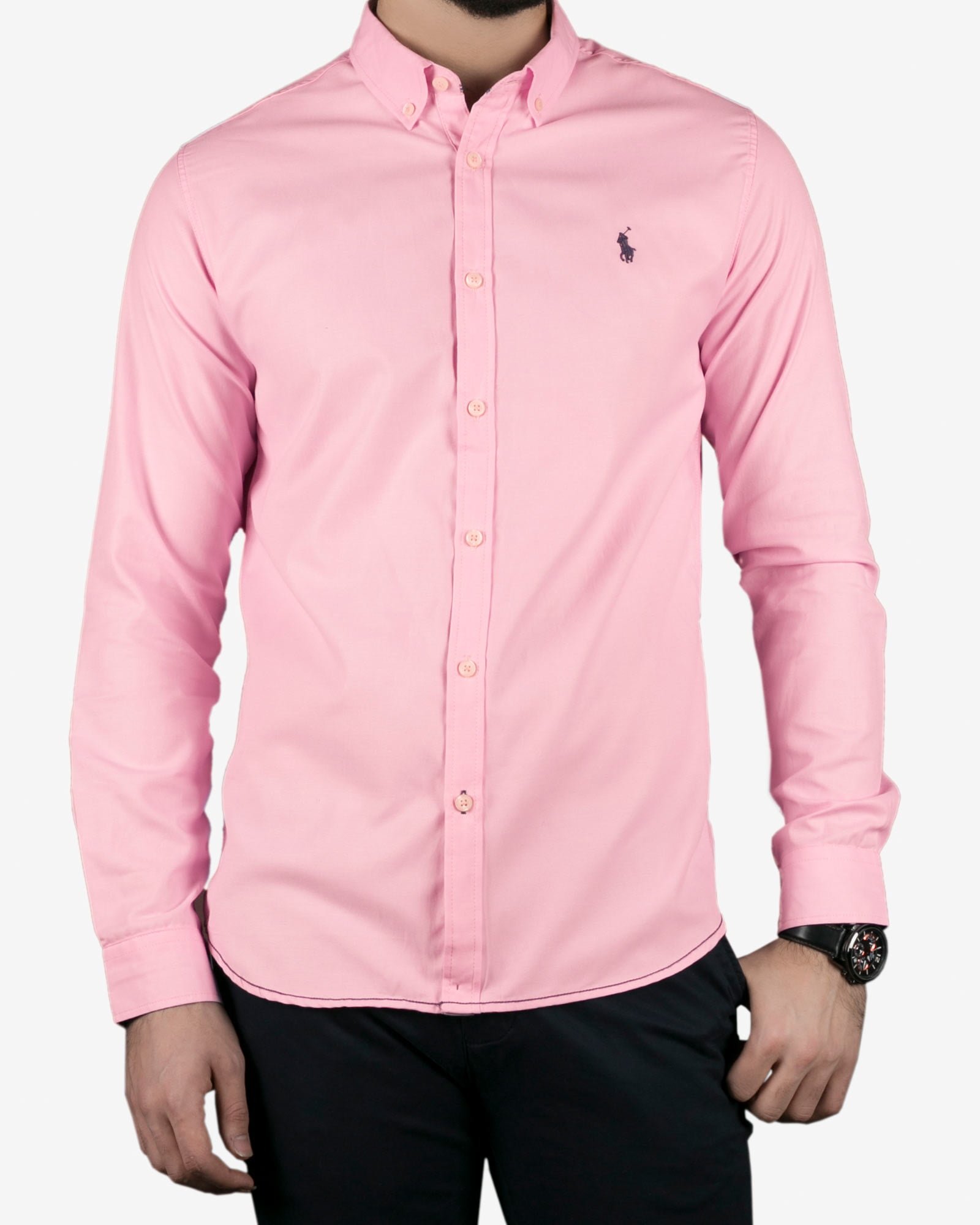 پیراهن آستین بلند مردانه ساده - صورتی - رو به رو پیراهن