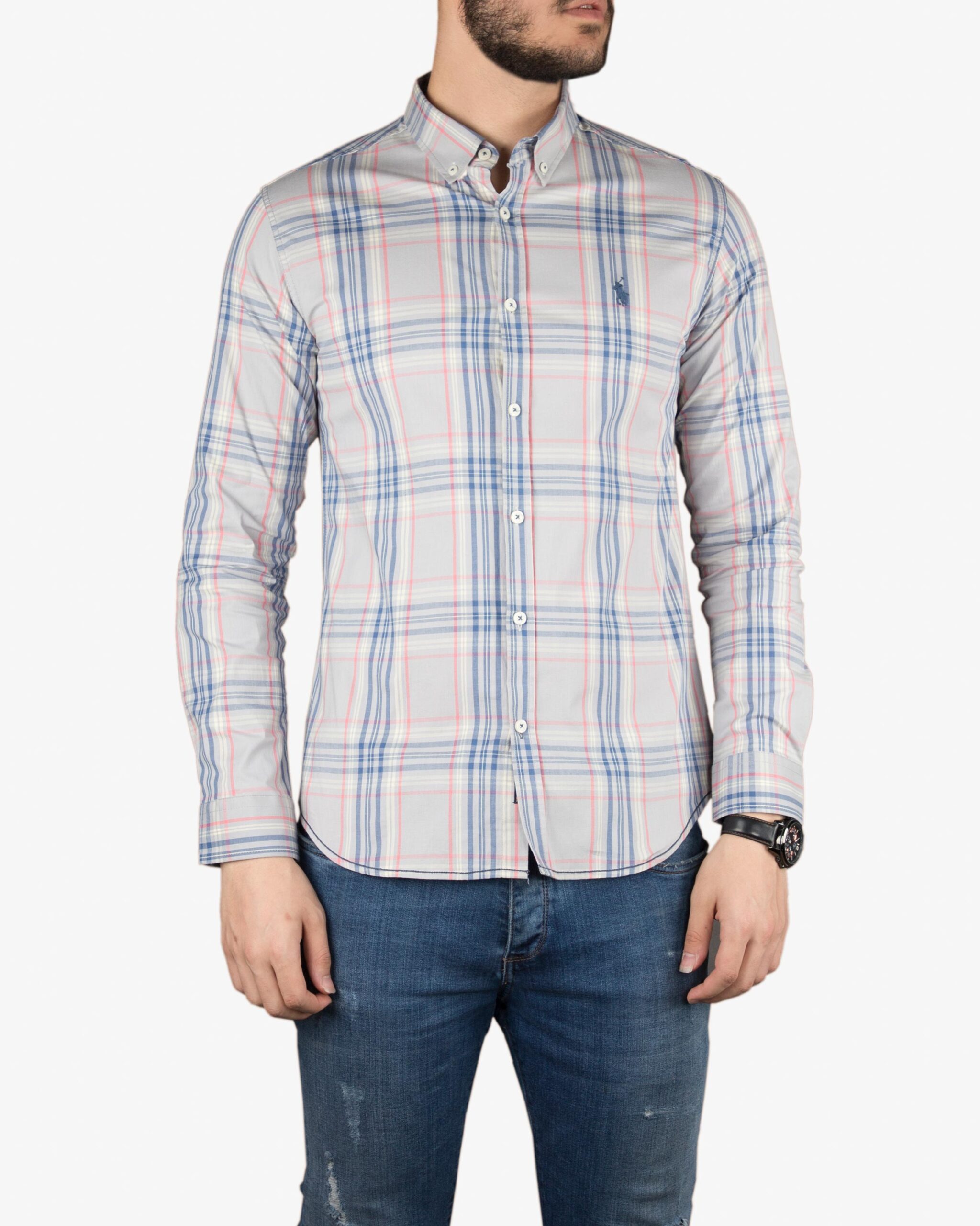 پیراهن آستین بلند چهارخانه‌ی طوسی - روبه‌رو