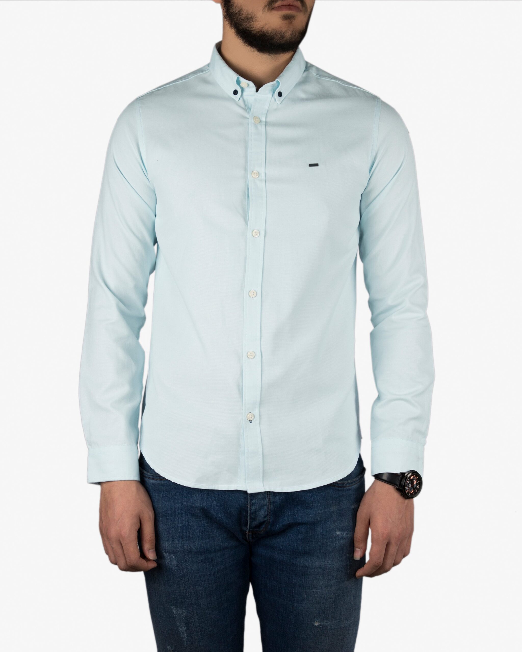 پیراهن آستین بلند مردانه - آبی یخی - روبه‌رو
