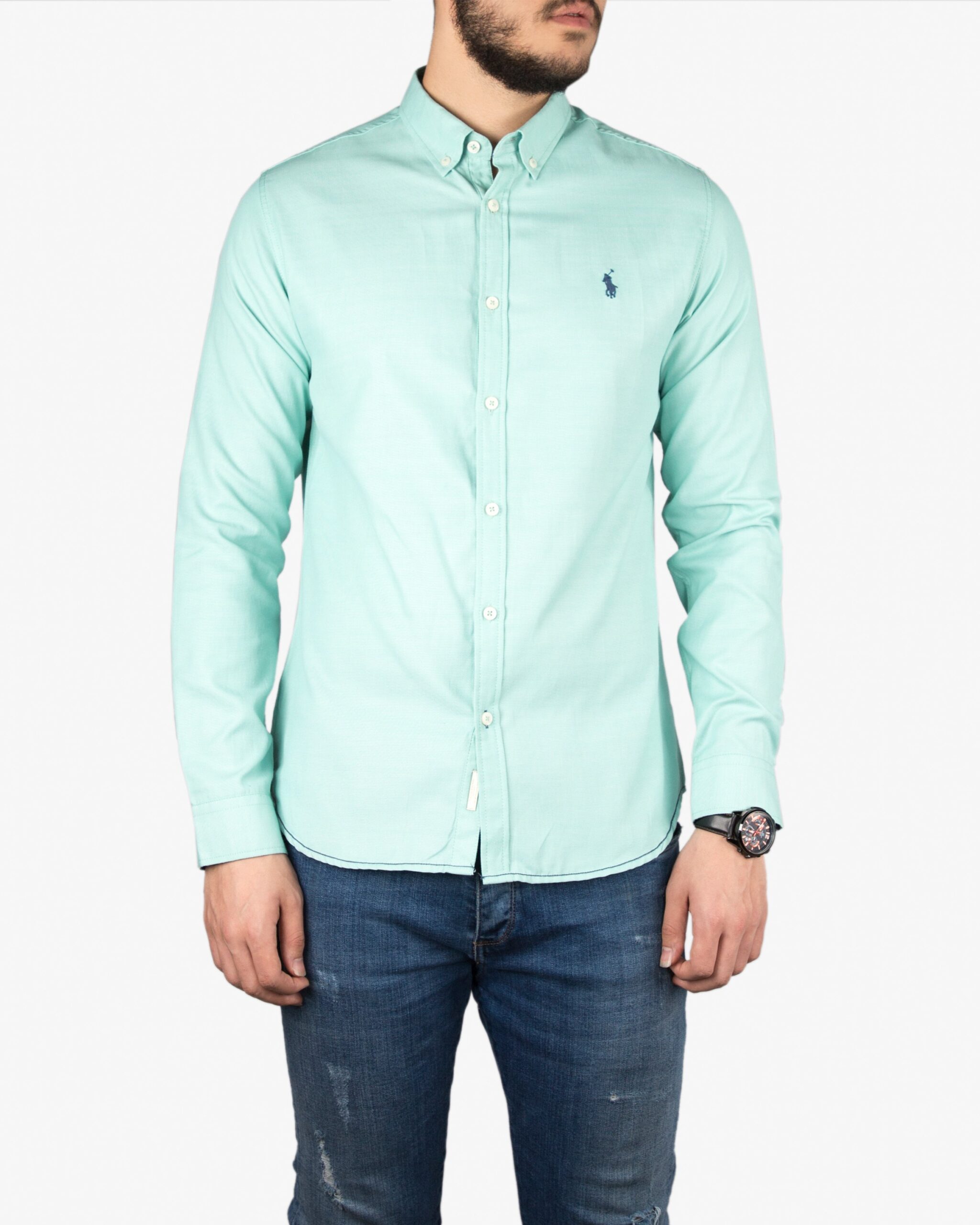 پیراهن آستین بلند مردانه ساده - سبز دریایی - روبه‌رو
