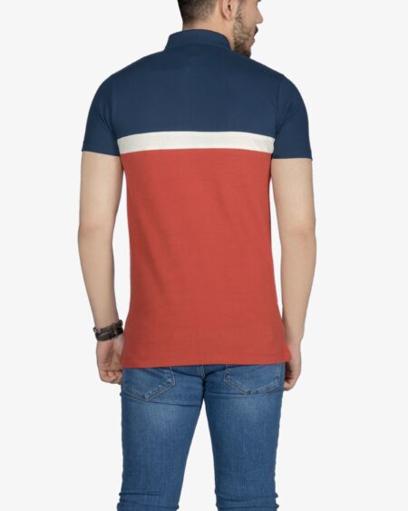 تیشرت یقه‌دار سه رنگ خط دار مردانه - قرمز روشن - پشت - خرید اینترنتی لباس - فروشگاه اینترنتی لباس سارابارا