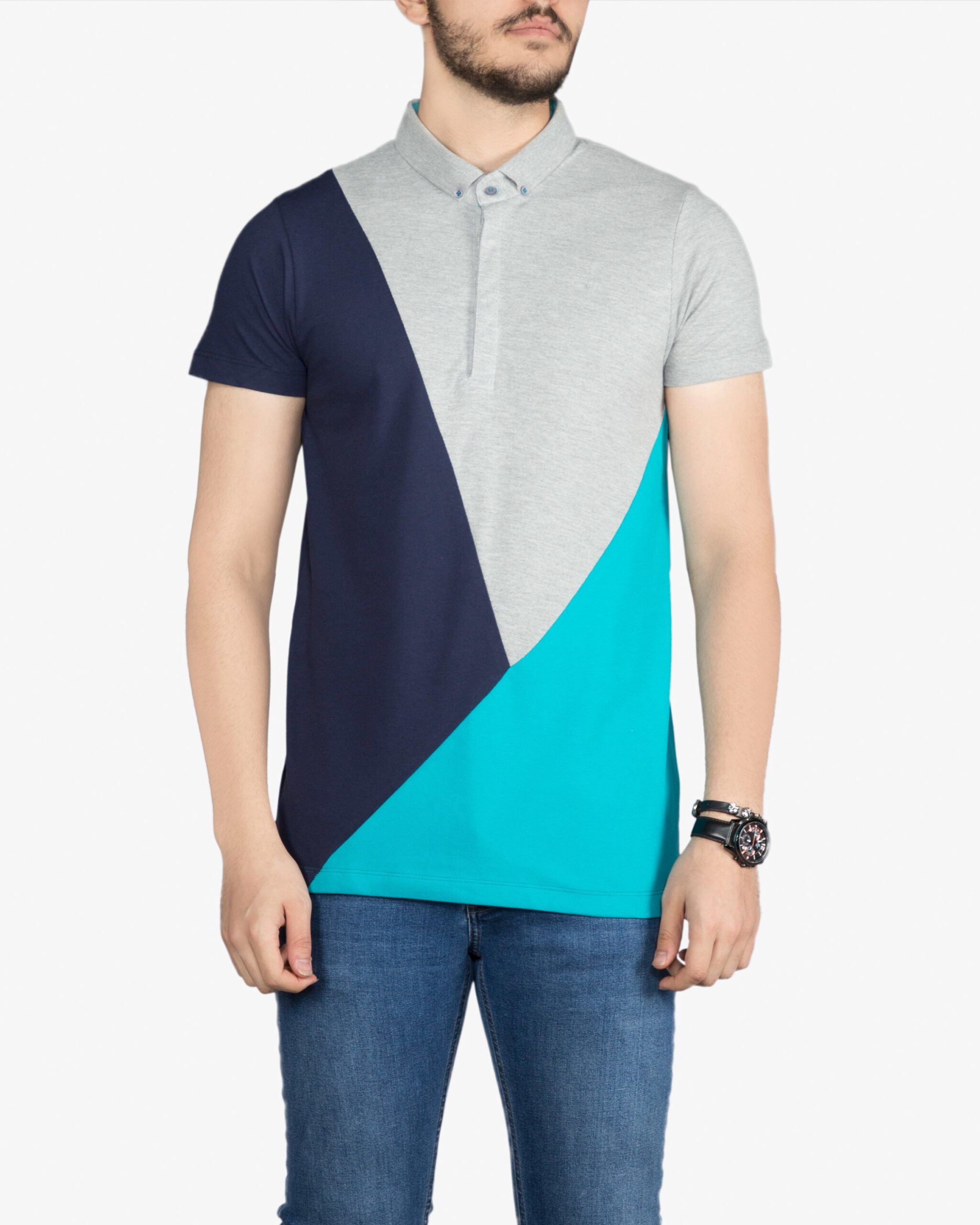 پولوشرت مردانه سه رنگ - آبی فیروزه ای - روبه‌رو - خرید اینترنتی لباس - فروشگاه اینترنتی لباس سارابارا