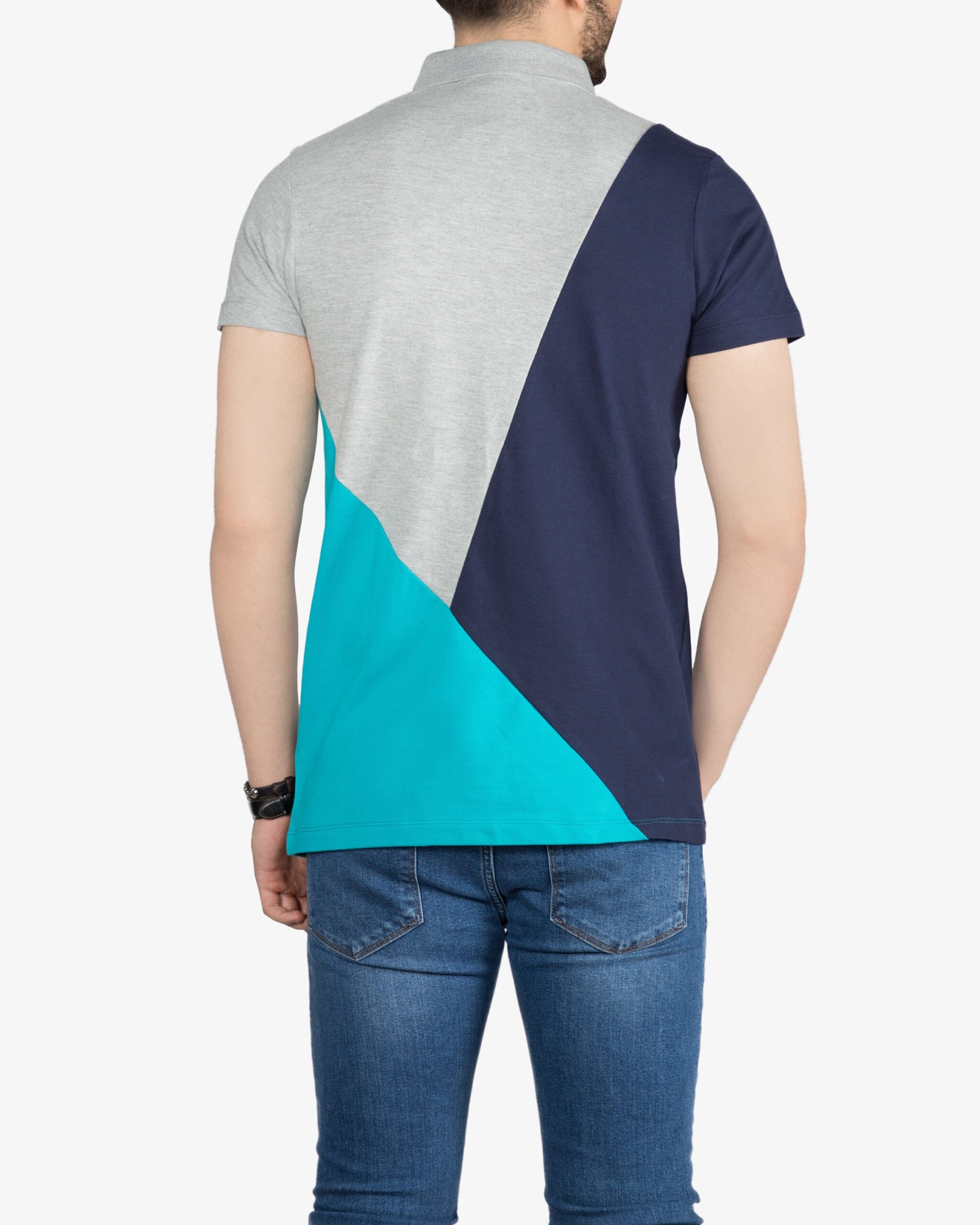 پولوشرت مردانه سه رنگ - آبی فیروزه ای - پشت - خرید اینترنتی لباس - فروشگاه اینترنتی لباس سارابارا