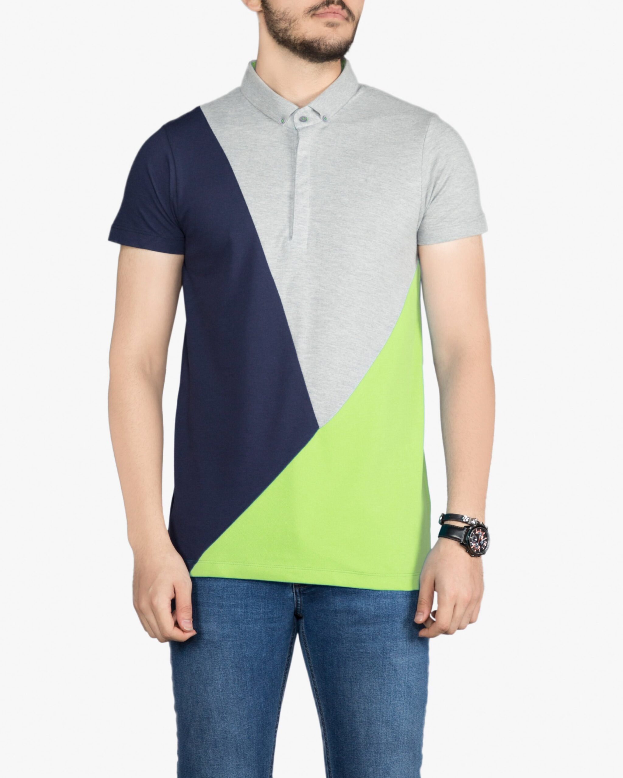 پولوشرت مردانه سه رنگ - سبز فسفری - روبه‌رو - خرید اینترنتی لباس - فروشگاه اینترنتی لباس سارابارا