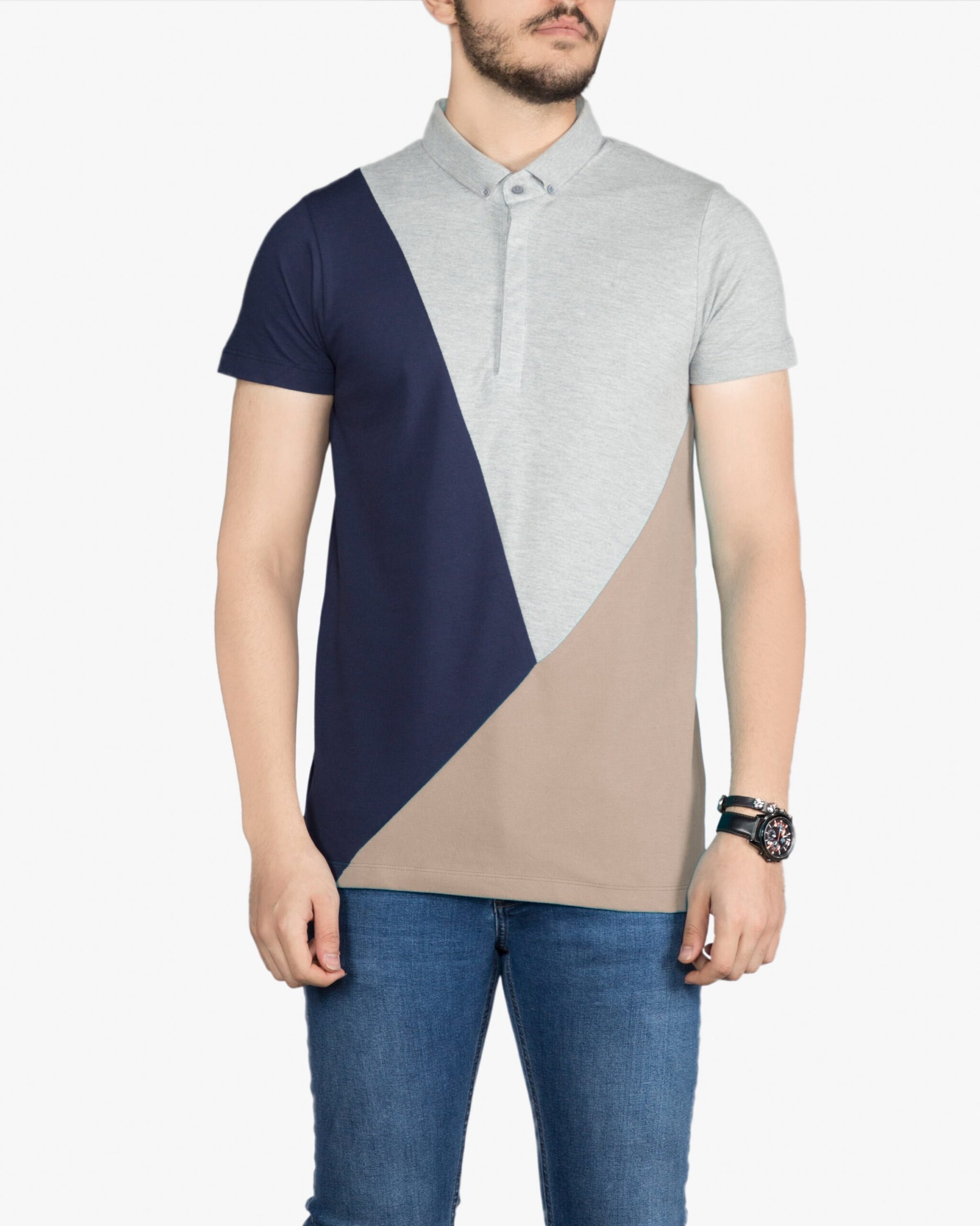 پولوشرت مردانه سه رنگ - قهوه ای کرمی - روبه‌رو - خرید اینترنتی لباس - فروشگاه اینترنتی لباس سارابارا