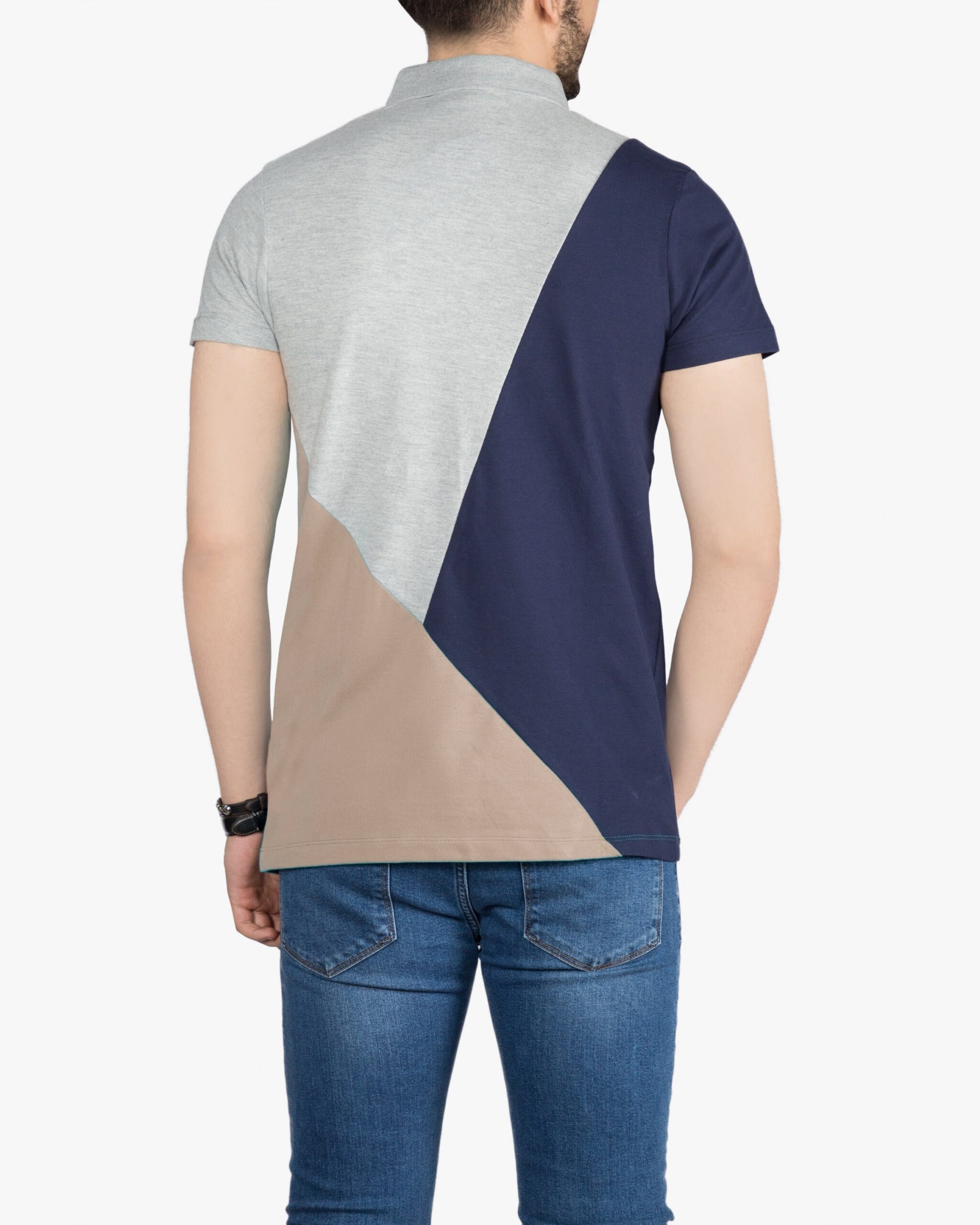 پولوشرت مردانه سه رنگ - قهوه ای کرمی - پشت - خرید اینترنتی لباس - فروشگاه اینترنتی لباس سارابارا