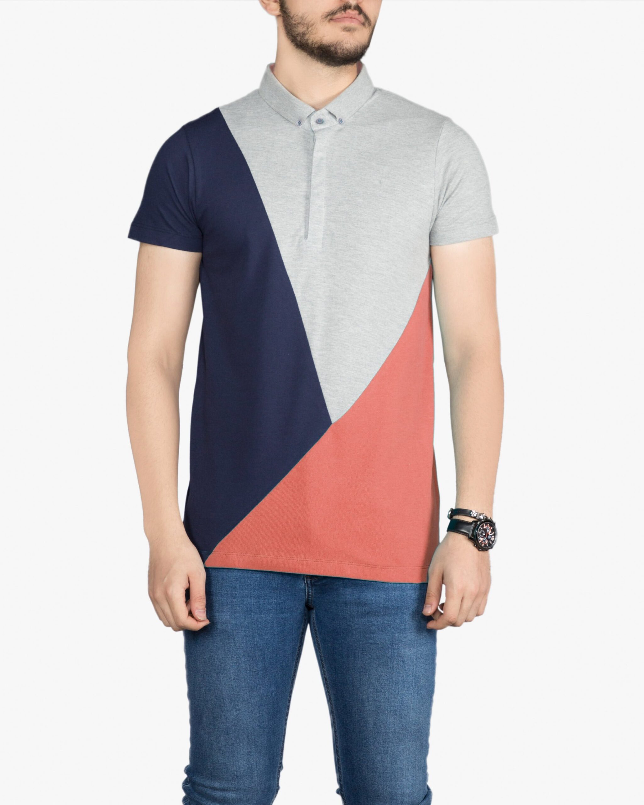 پولوشرت مردانه سه رنگ - قرمز گلبهی - روبه‌رو - خرید اینترنتی لباس - فروشگاه اینترنتی لباس سارابارا