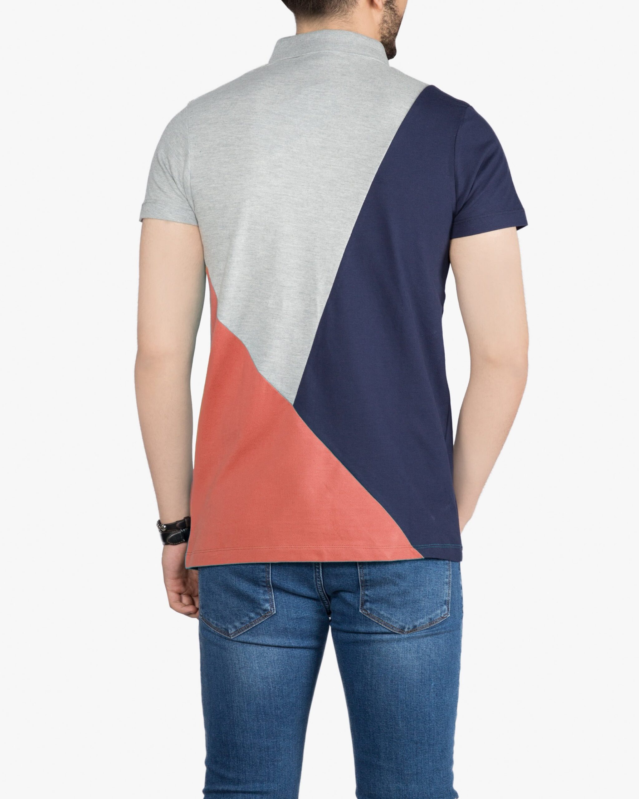 پولوشرت مردانه سه رنگ - قرمز گلبهی - پشت - خرید اینترنتی لباس - فروشگاه اینترنتی لباس سارابارا