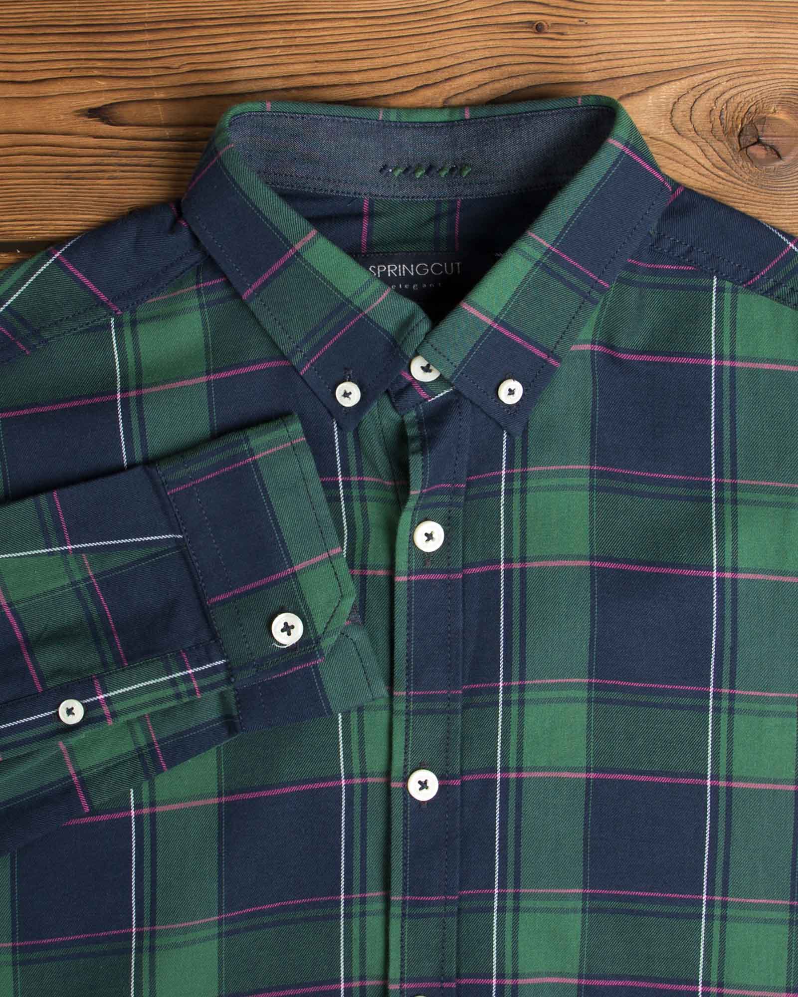 پیراهن مردانه چهارخانه سبز سرمه ای - سبز - یقه