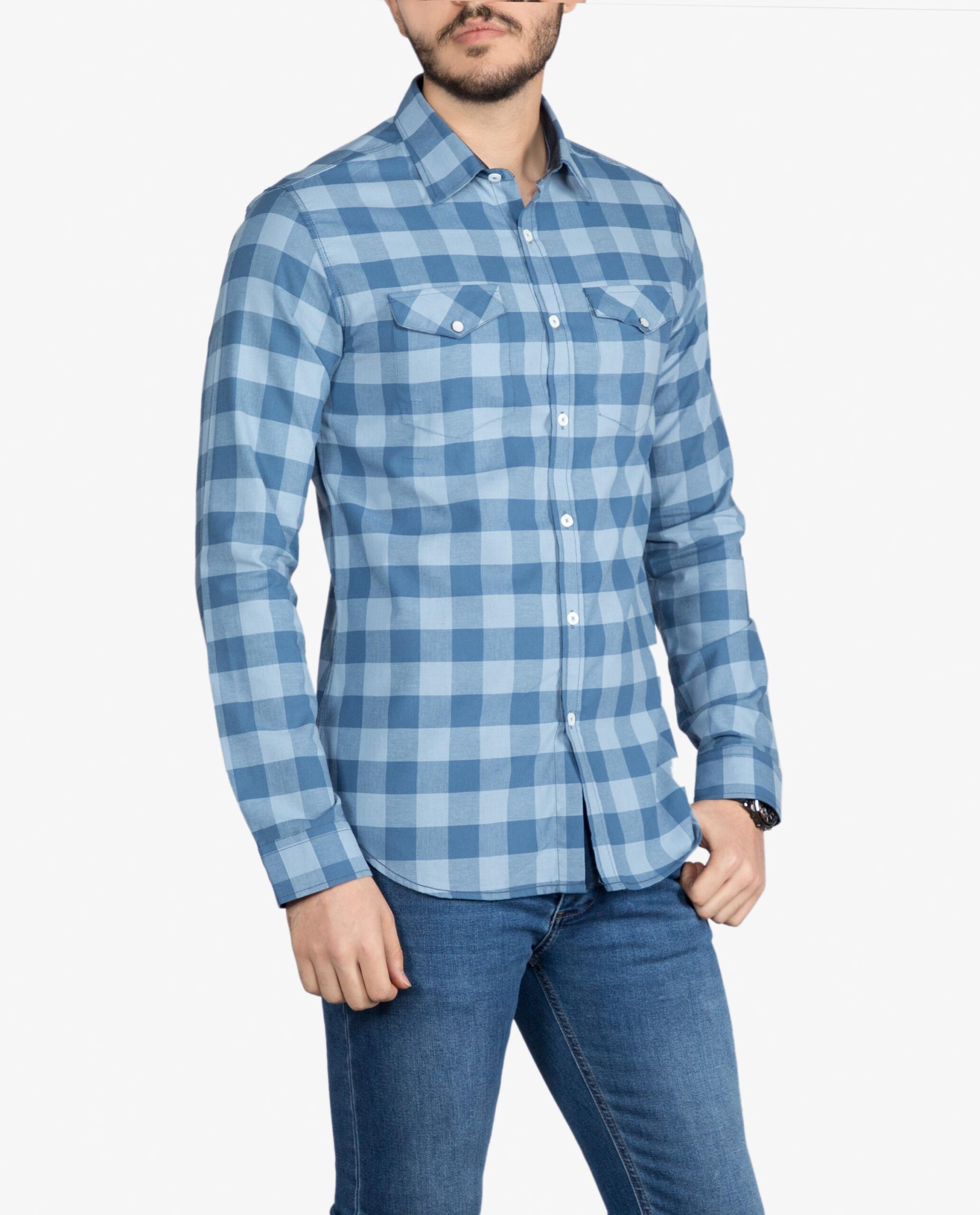 پیراهن آستین بلند چهارخانه‌ی ریز - آبی‌ روشن - روبه‌رو
