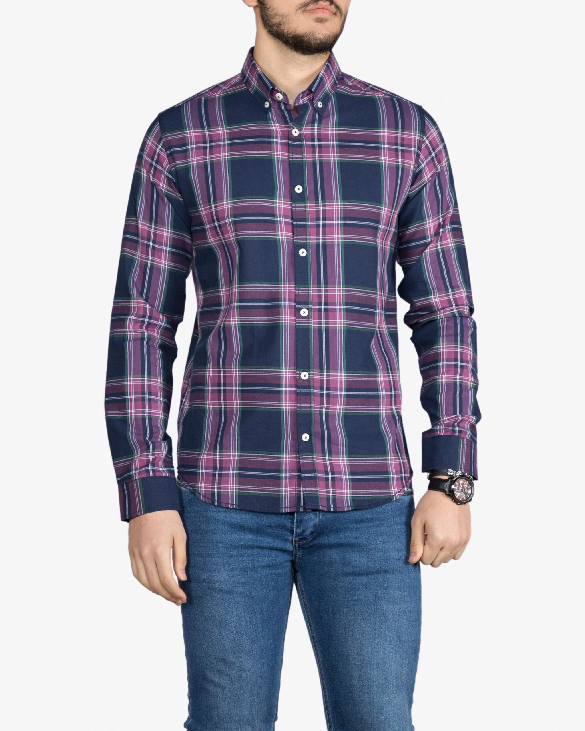 پیراهن آستین بلند چهارخانه‌ مردانه - بنفش - روبه‌رو