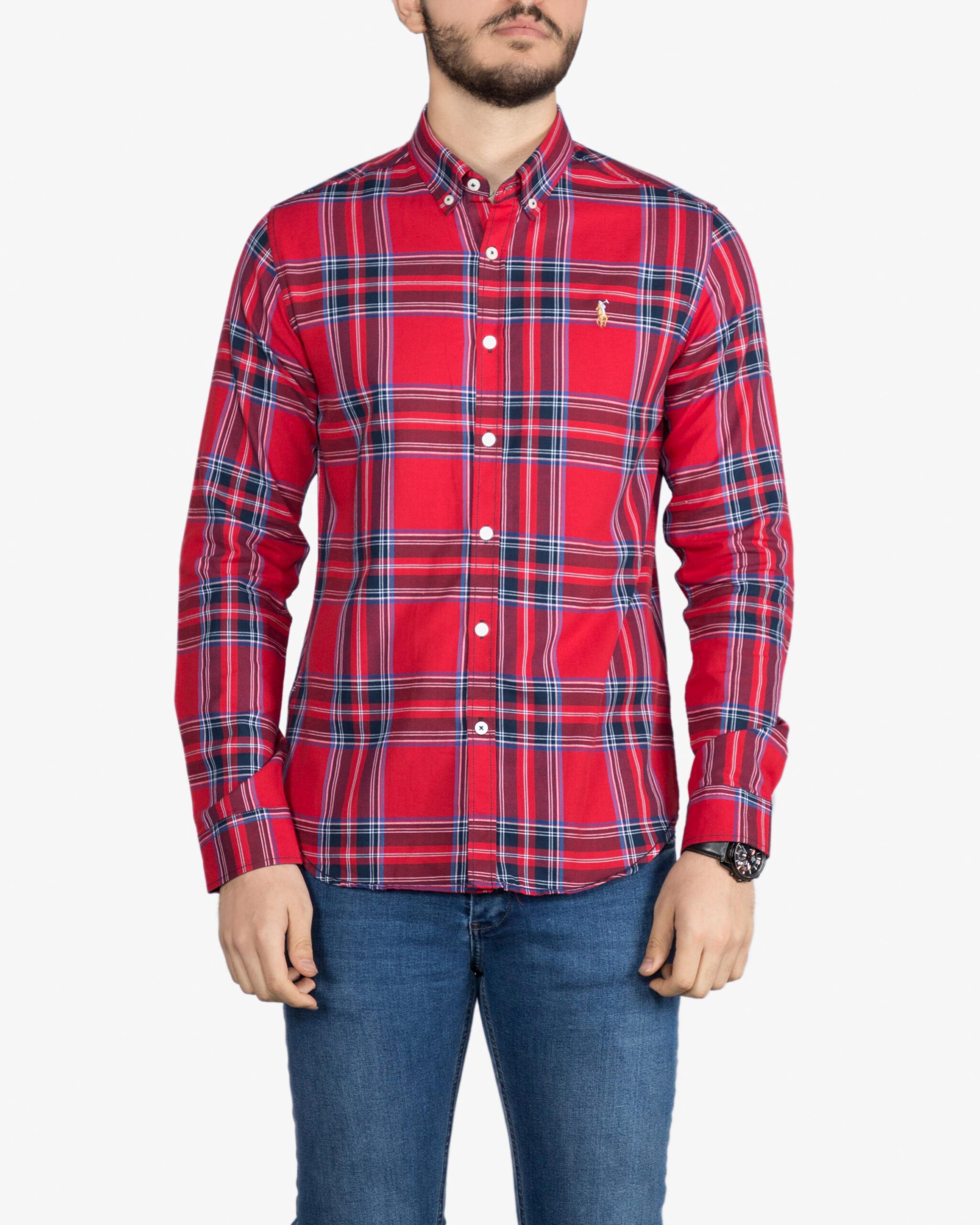 پیراهن آستین بلند چهارخانه‌ درشت قرمز - قرمز - رو به‌ رو