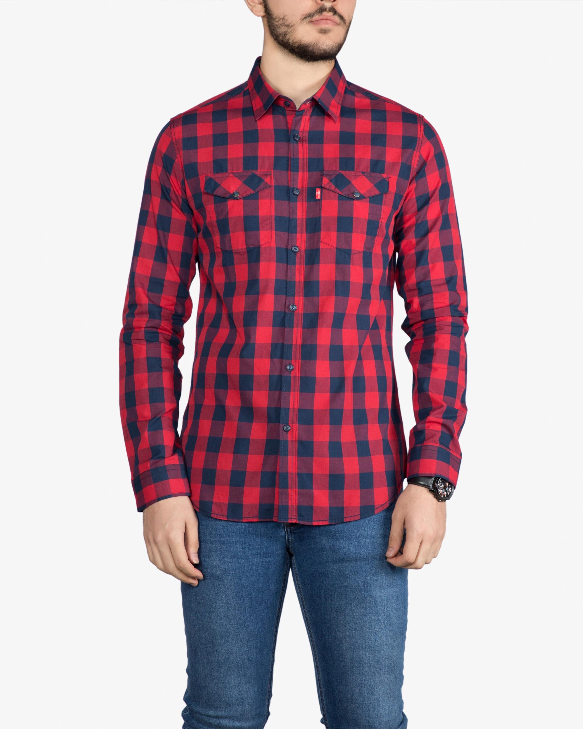 پیراهن آستین بلند چهارخانه‌ی ریز - قرمز - روبه‌رو