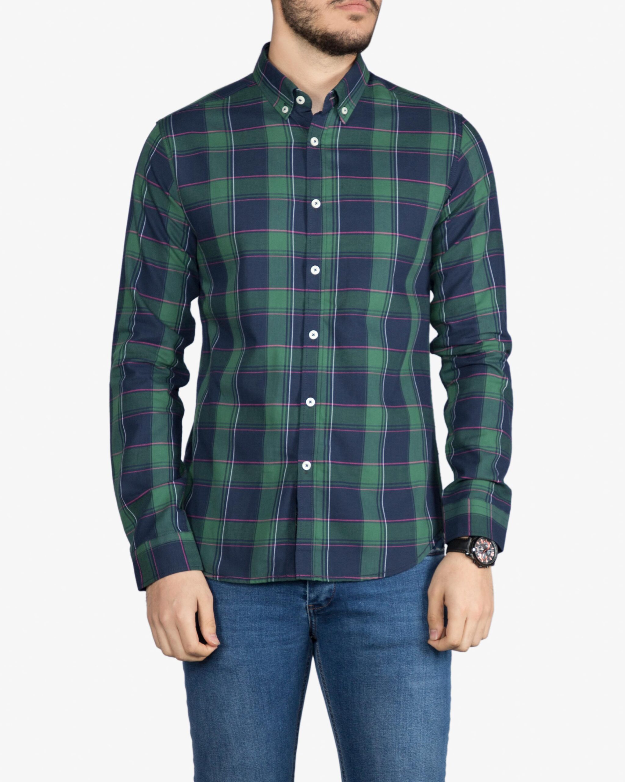 پیراهن مردانه چهارخانه سبز سرمه ای آستین بلند - سبز - رو به‌ رو