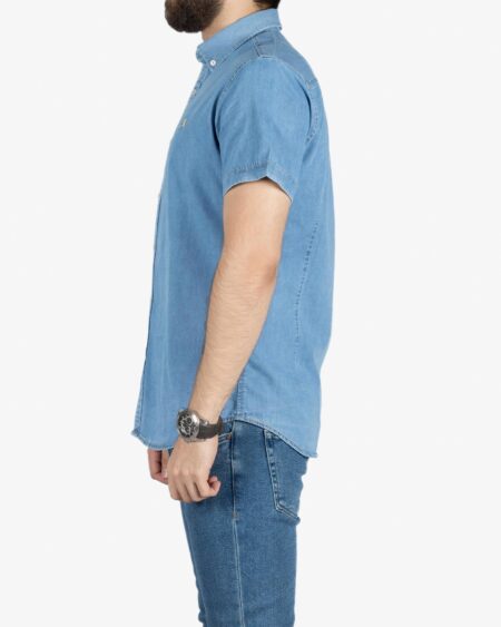 پیراهن مردانه جین آستین کوتاه - آبی نیلی - بغل