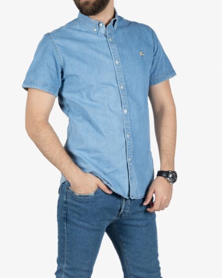 پیراهن مردانه جین آستین کوتاه - آبی نیلی - رو به رو