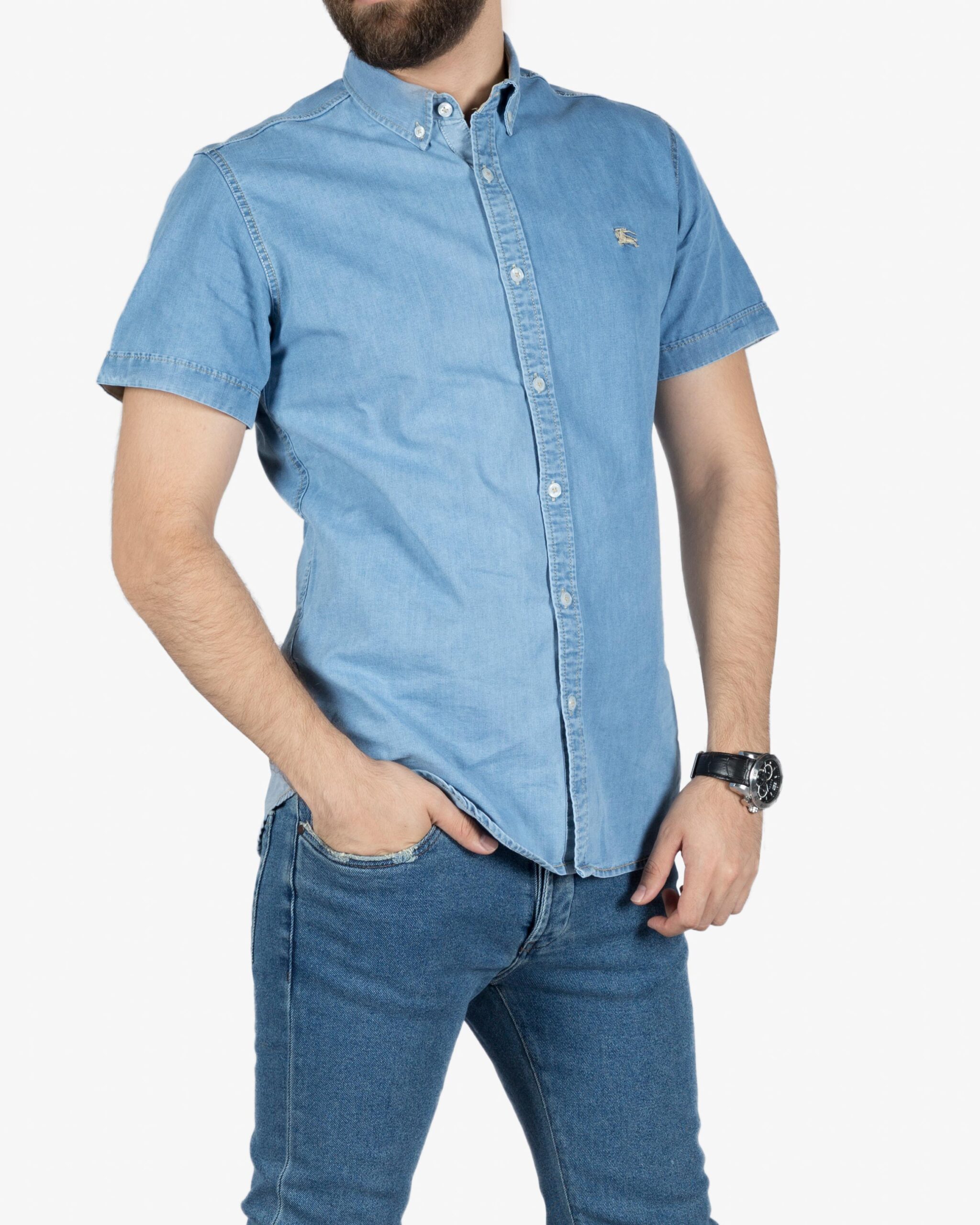 پیراهن مردانه جین آستین کوتاه - آبی نیلی - رو به رو