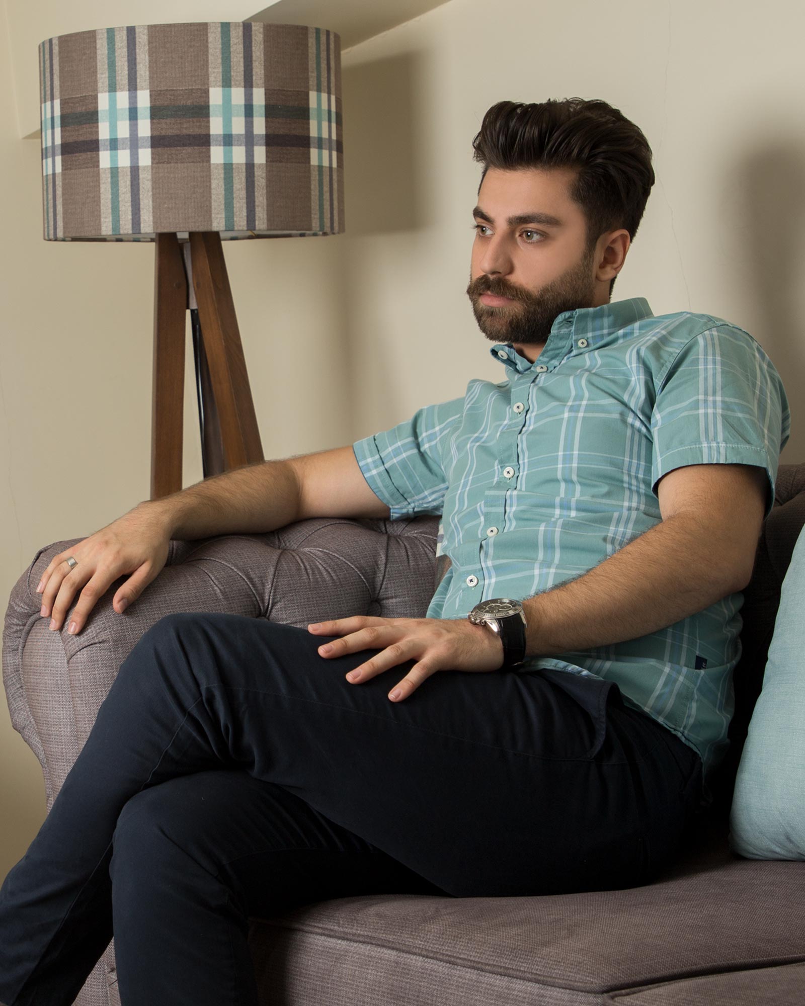 پیراهن چهارخانه مردانه - سبزآبی - محیطی