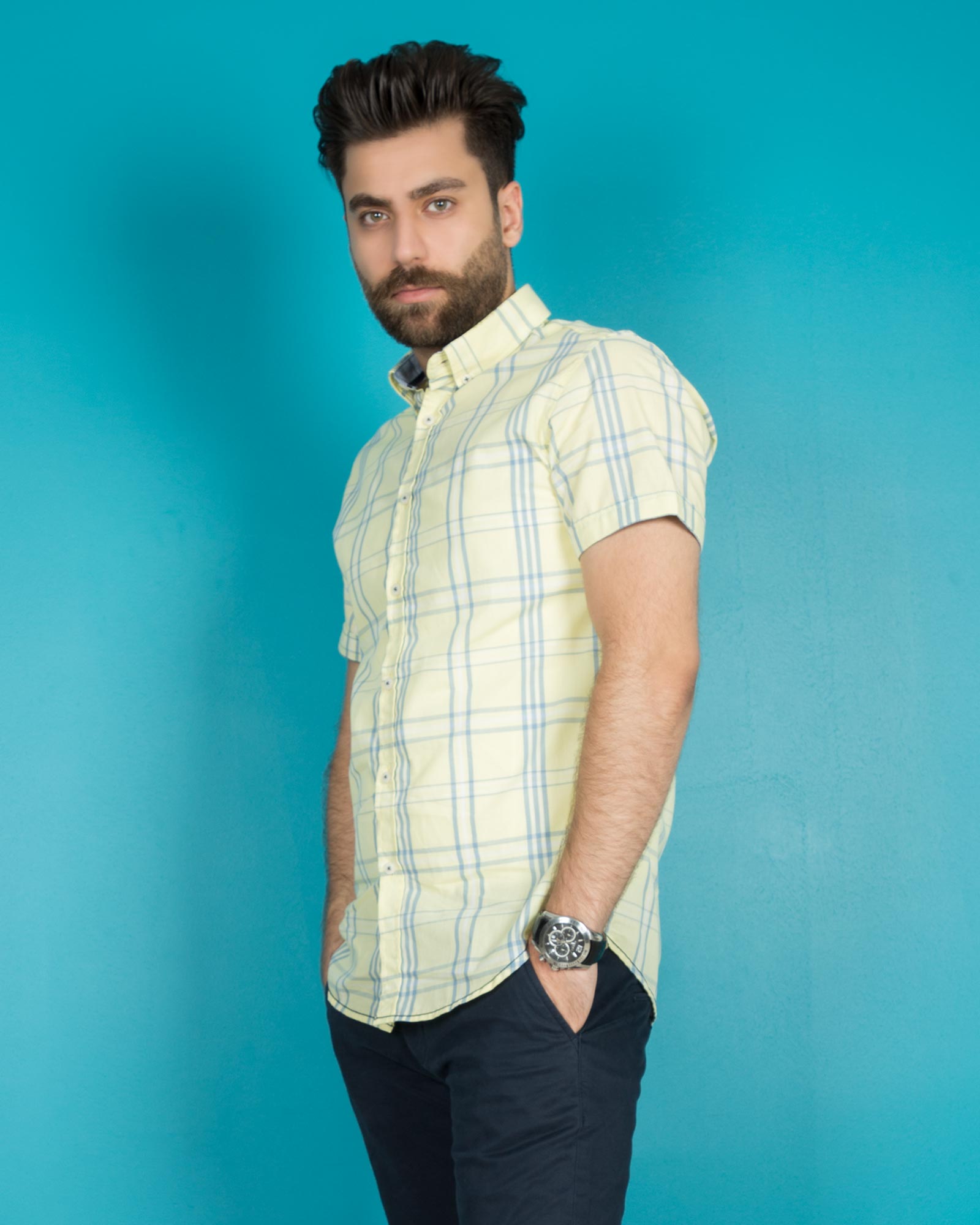 پیراهن چهارخانه مردانه - لیمویی - محیطی