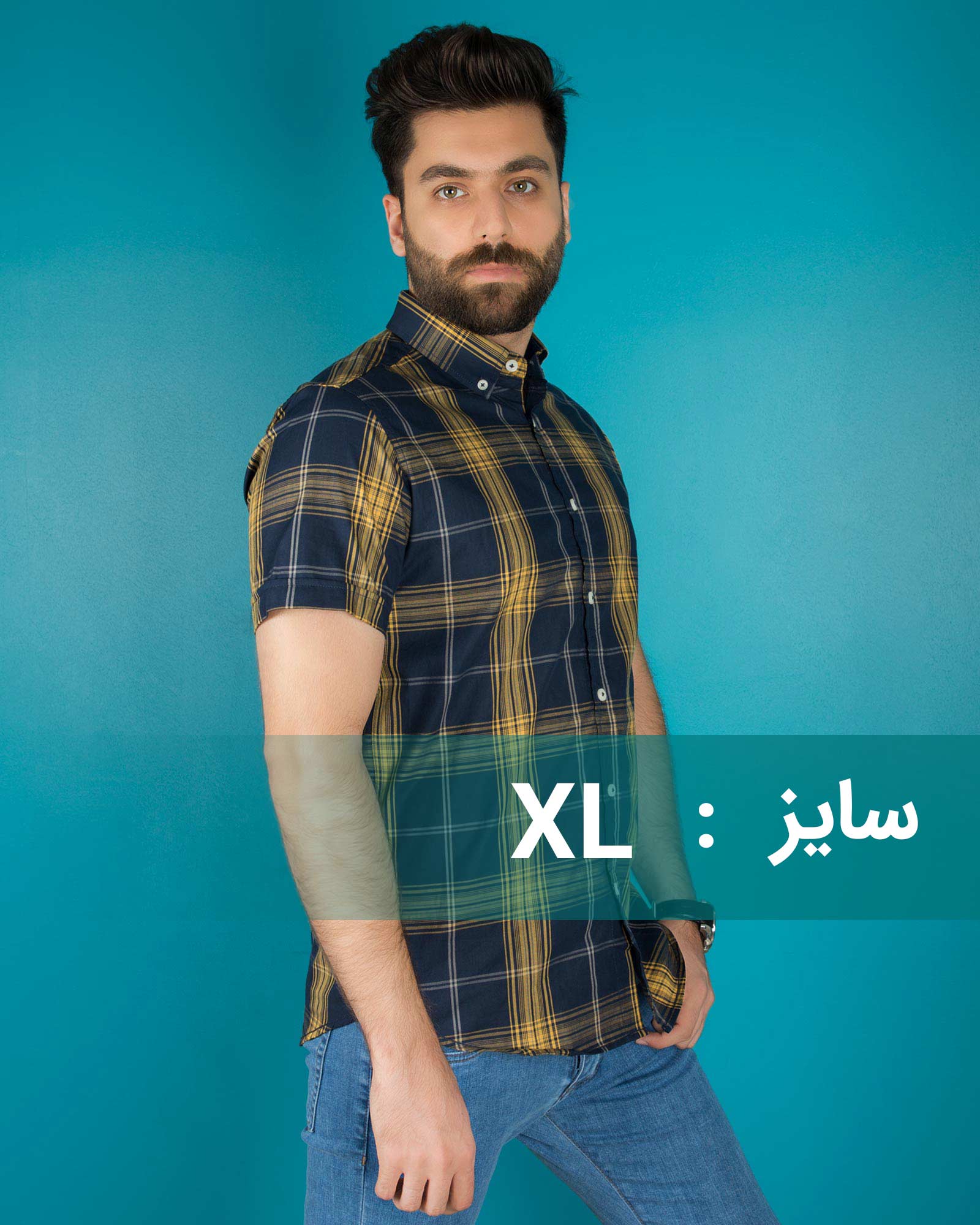 پیراهن سرمه ای آستین کوتاه چهارخانه مردانه - خطوط زرد