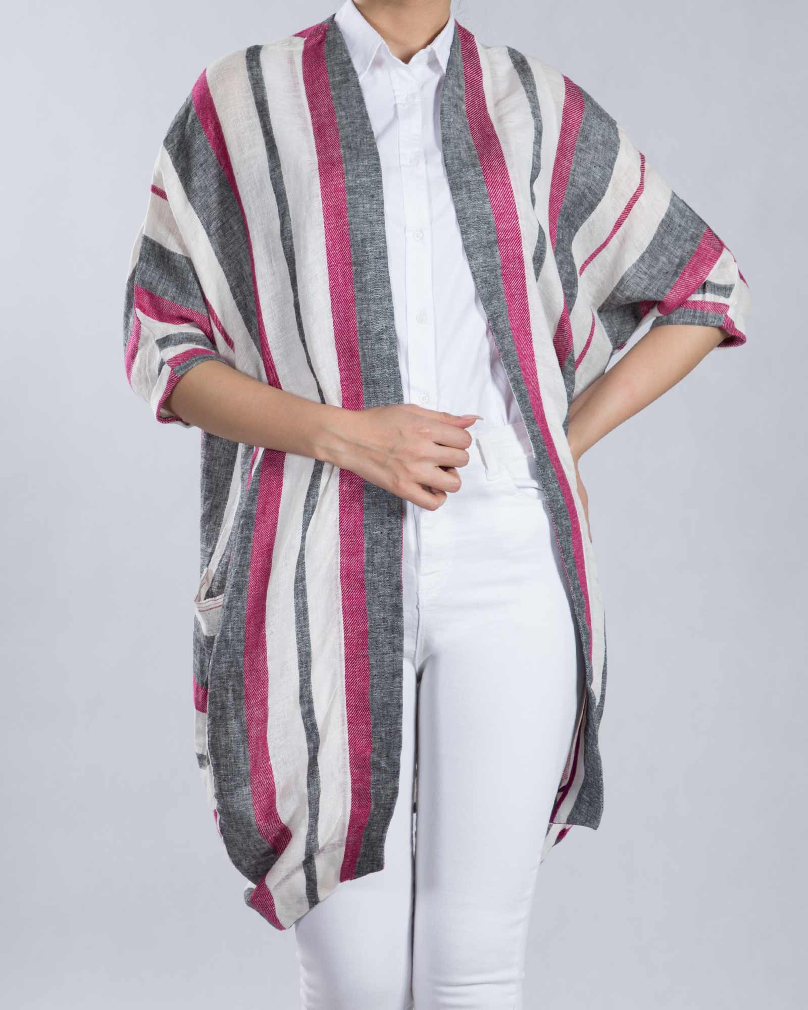 رویه کنفی راه راه زنانه - سفید - جلو باز