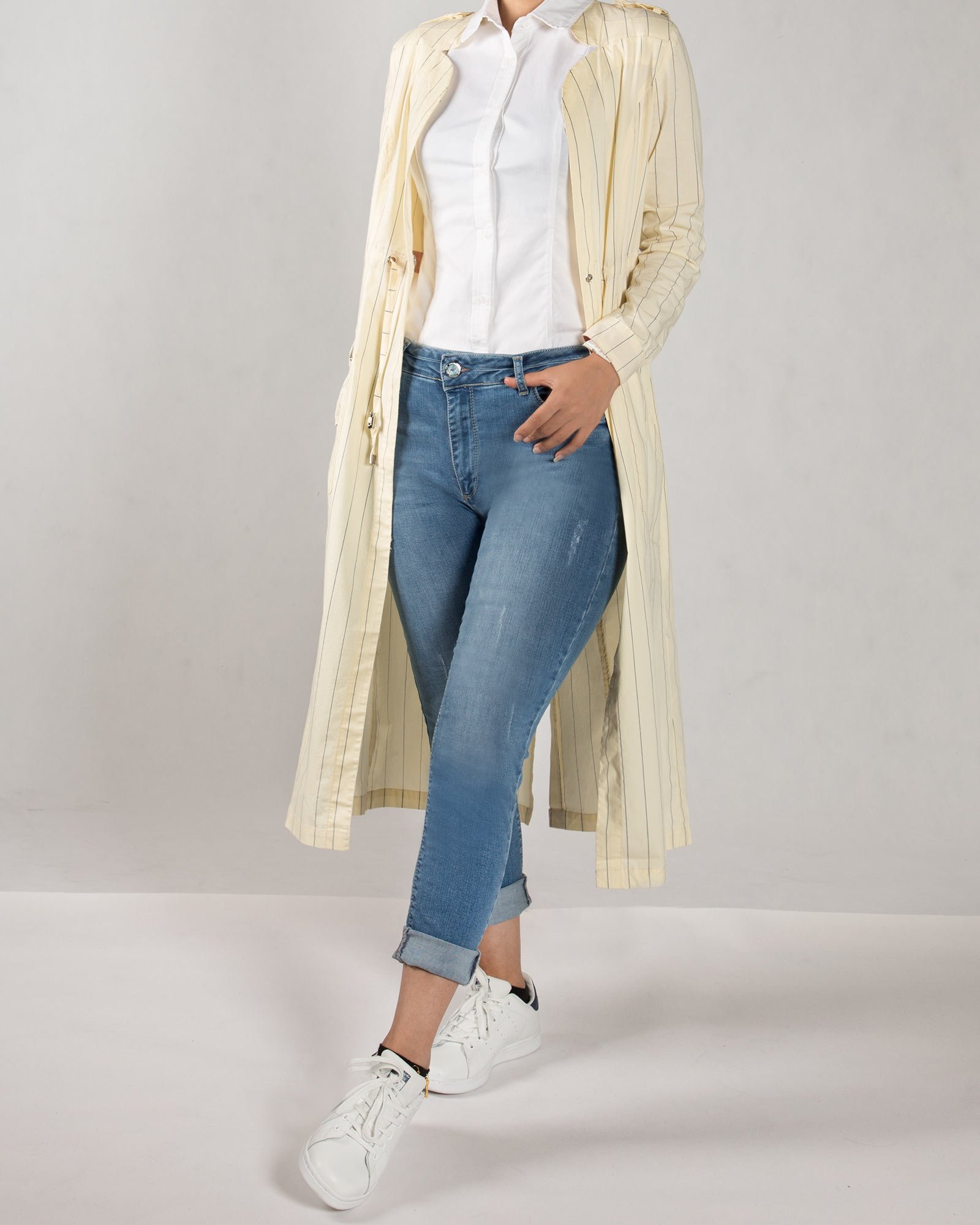 مانتو بلند نخی کشی راه راه زنانه جلو باز - زرد روشن - جلو باز