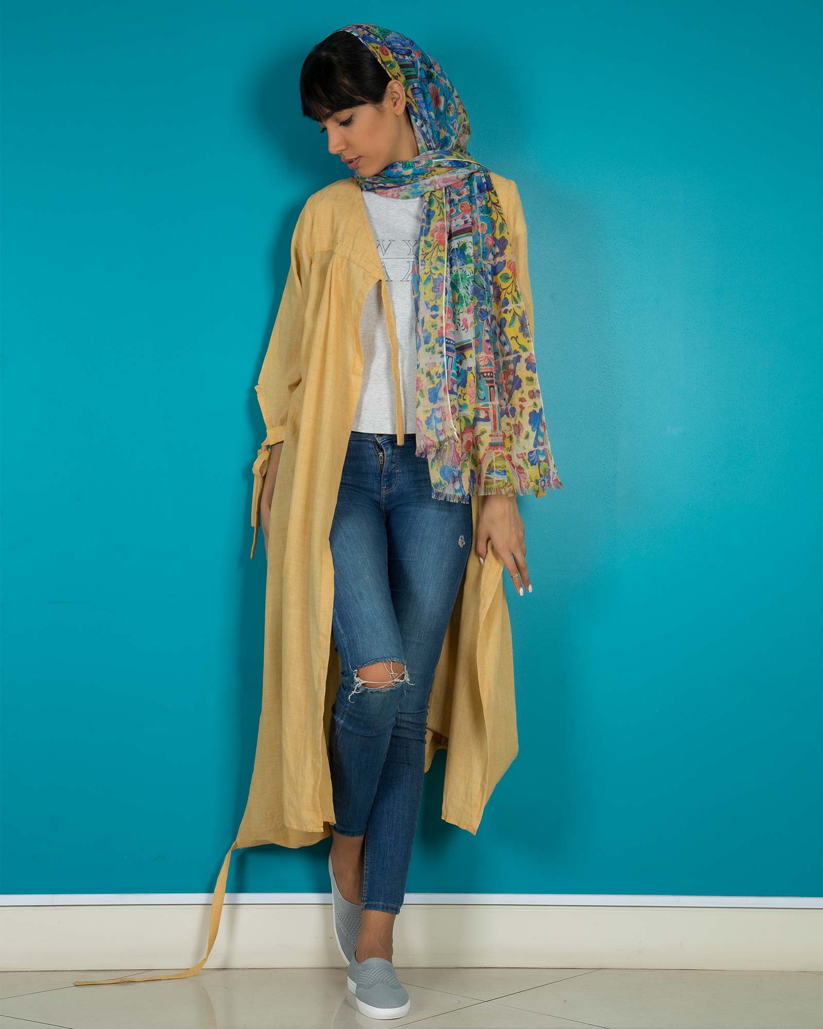 مانتو تابستانی نخی بلند زنانه جلو باز - عسلی - محیطی