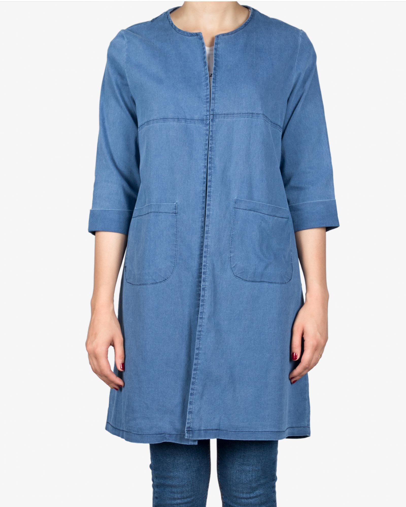 مانتو جین اسپرت زنانه جلو باز - آبی نفتی - رو به رو