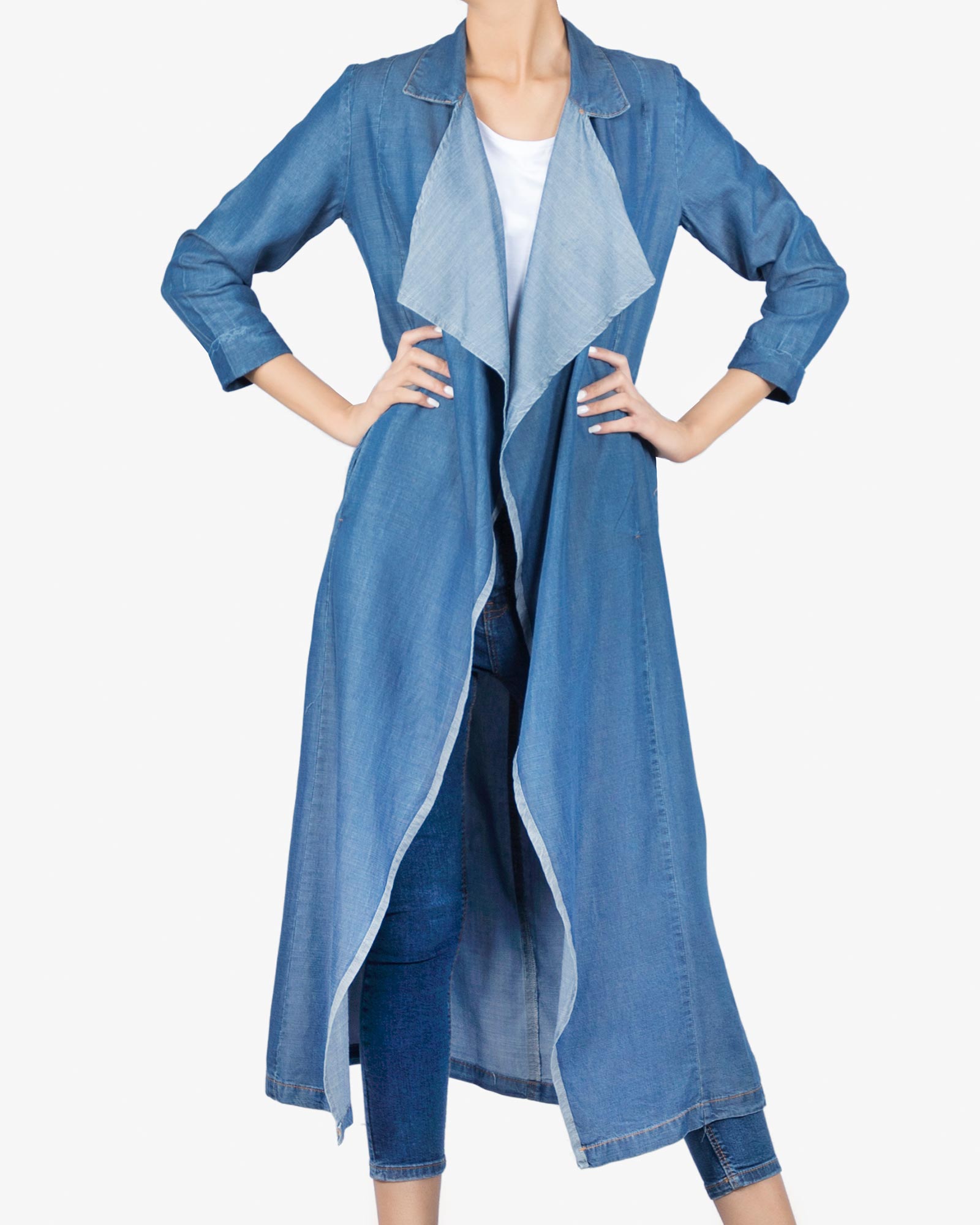 مانتو جین بلند دخترانه - آبی نفتی - رو به رو