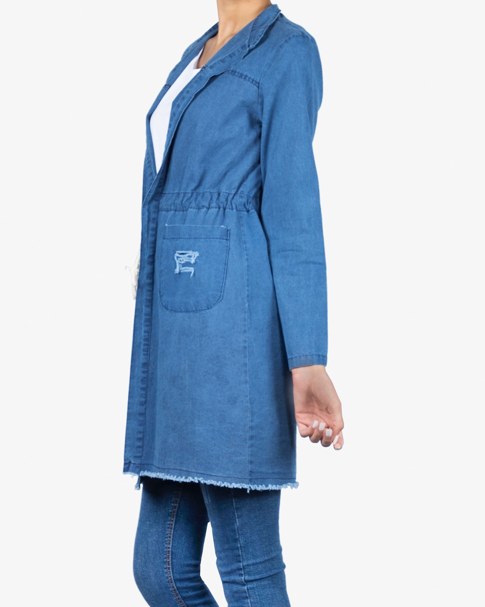 مانتو جین دخترانه ساده جلو باز - آبی تیره - بغل