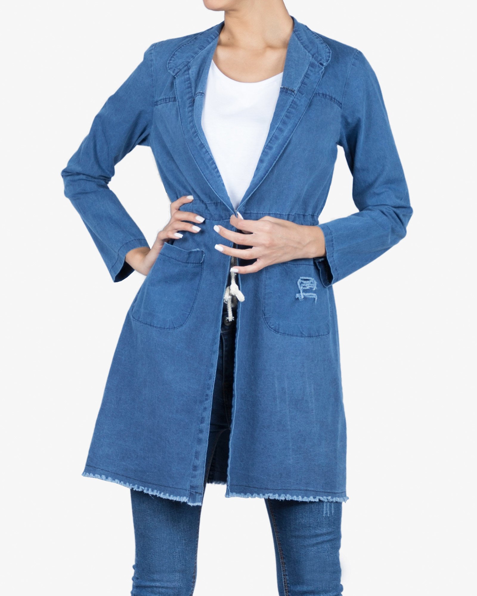 مانتو جین دخترانه ساده جلو باز - آبی تیره - رو به رو